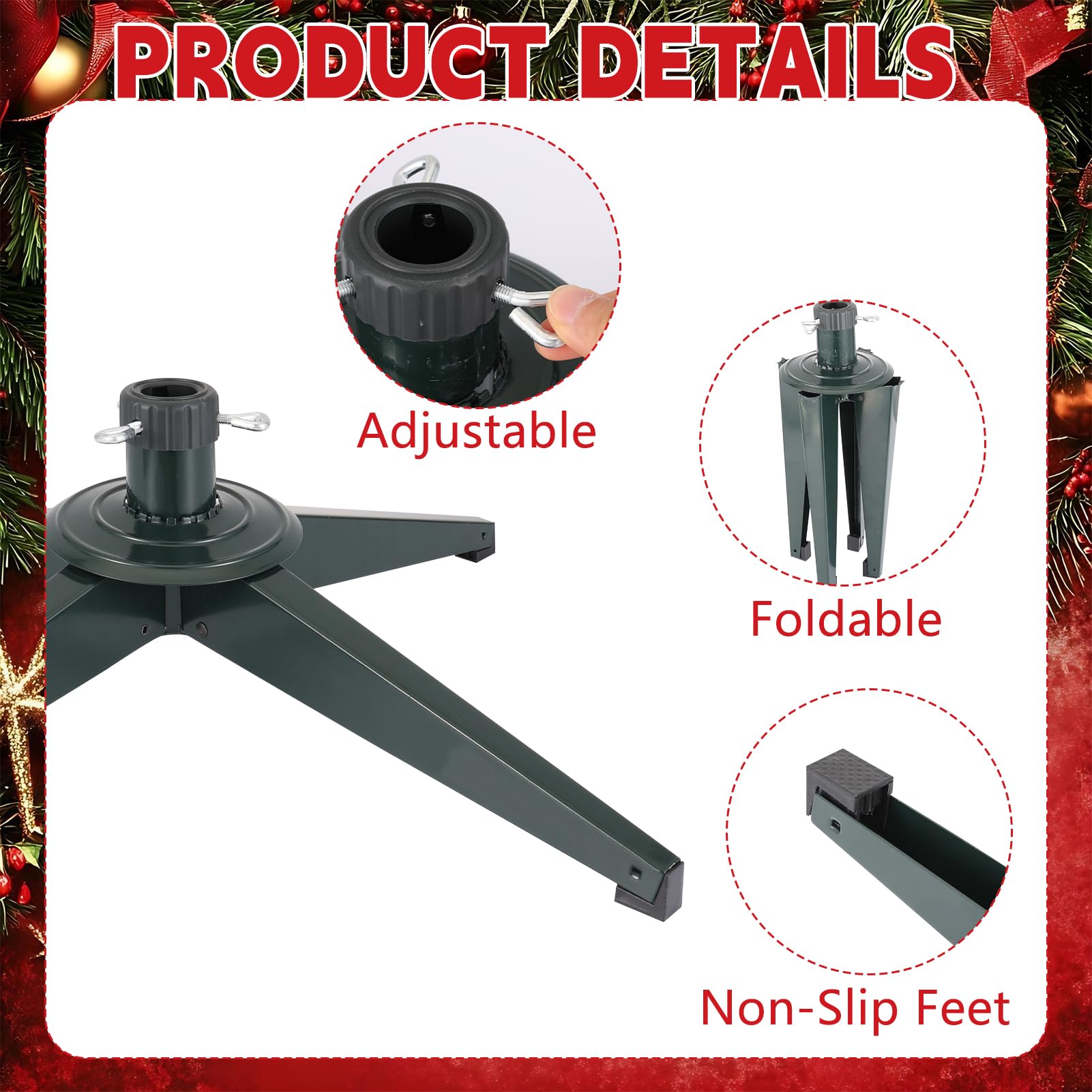 Weihnachtsbaumständer Faltbarer Christbaumständer 65cm Metall Weihnachtsbaum Ständer mit 3,2cm Bohrung Weihnachtsbaumbasis Metallständer für 8ft künstliche Weihnachtsbäume, Grün