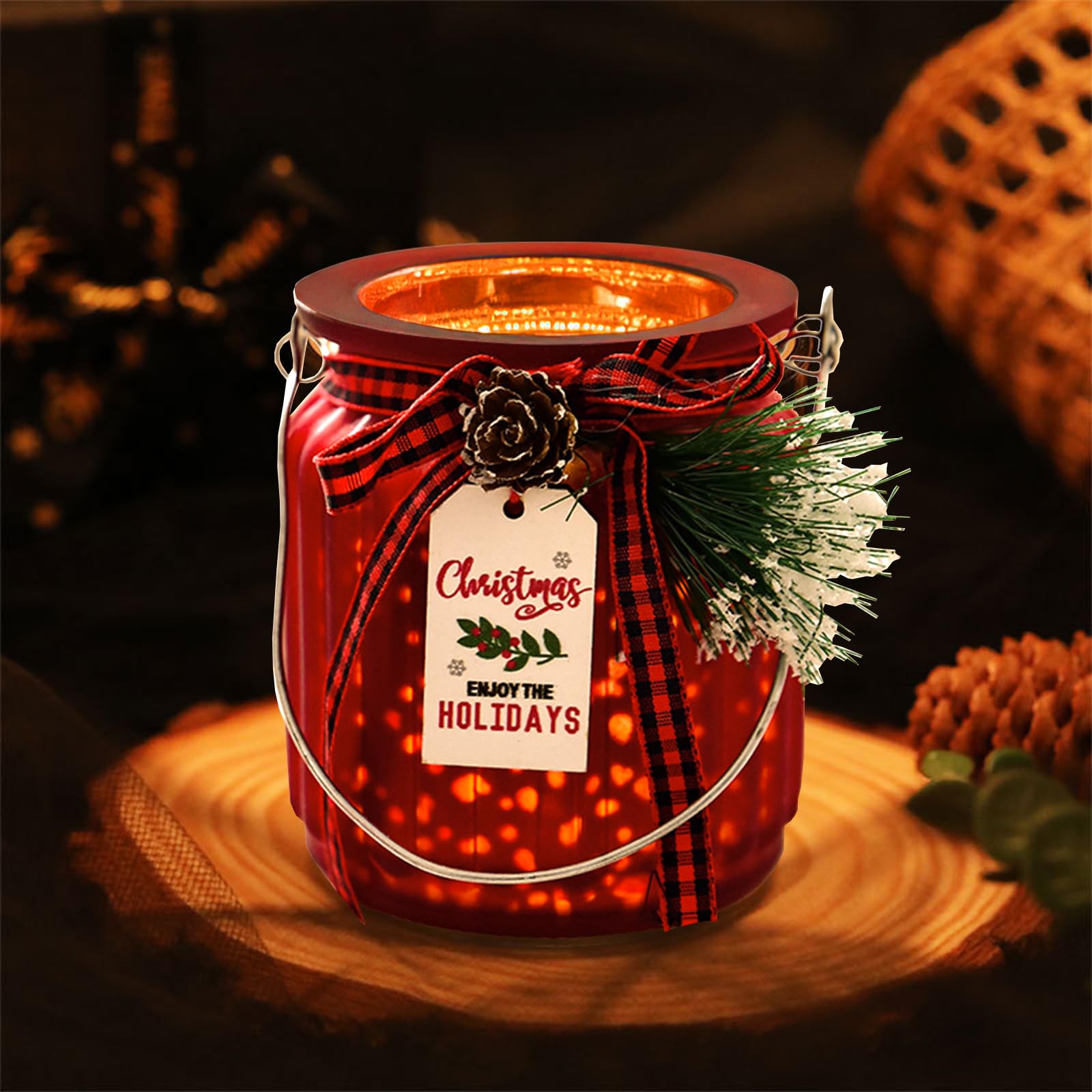 dellyy Portavelas de Navidad 9 x 7,5 cm, Portavelas de Cristal con Plato para Cartas y Piñas, Candelabros de Navidad, Portavelas Vidrio para Decoración de Mesa y Chimenea de Fiesta Navideña