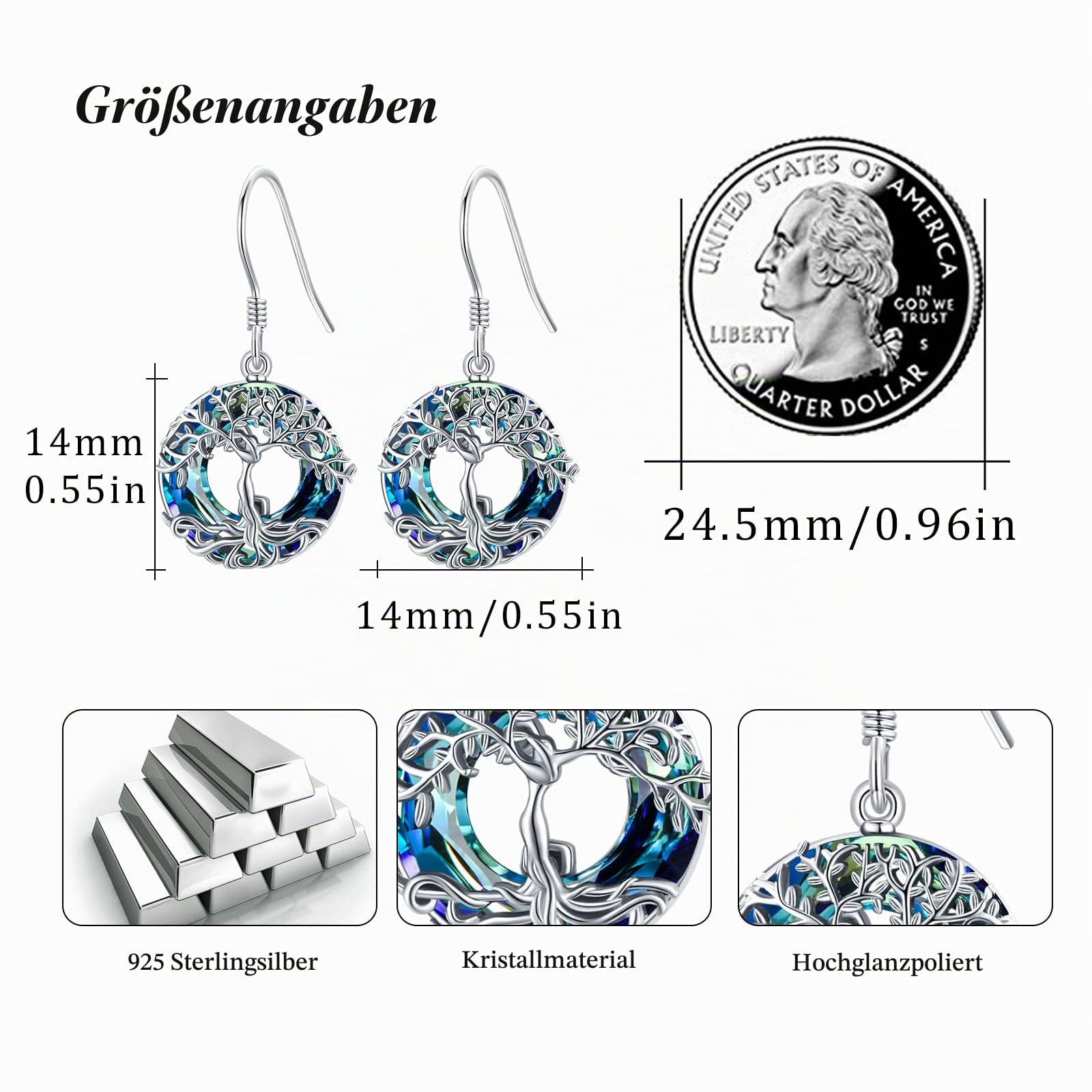 Baum des Lebens Ohrringe für Frauen Mädchen 925 Sterling Silber Stammbaum Blau Österreich Kristall Brisur Ohrringe Schmuck Geburtstag Abschlussfeier Geschenke für Mutter Ehefrau