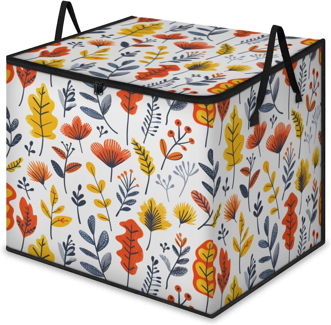 Honeybaby 214L Extra Large Comforter Storage Bag Colorful Floral Leaves Storage Totes with Lids Waterproof Closet Organizer Folding Blanket Storage Bags for Clothes Bedding Pillows