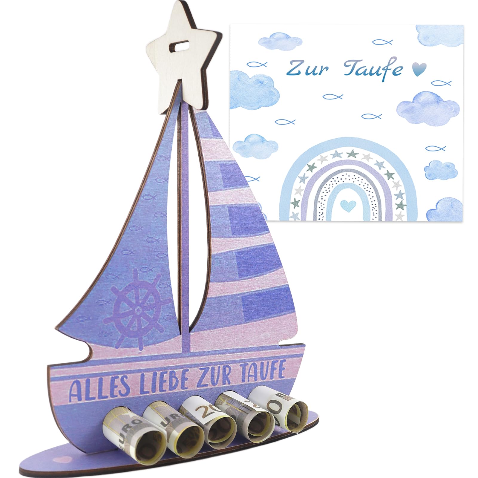 Taufgeschenke Jungen, Karte Taufe Junge, Taufe Geschenk, Alles Liebe zur Taufe, Karte zur Taufe, Taufe Deko, Holzboot Taufgeschenk Sterne und Taufkarte (Blau)