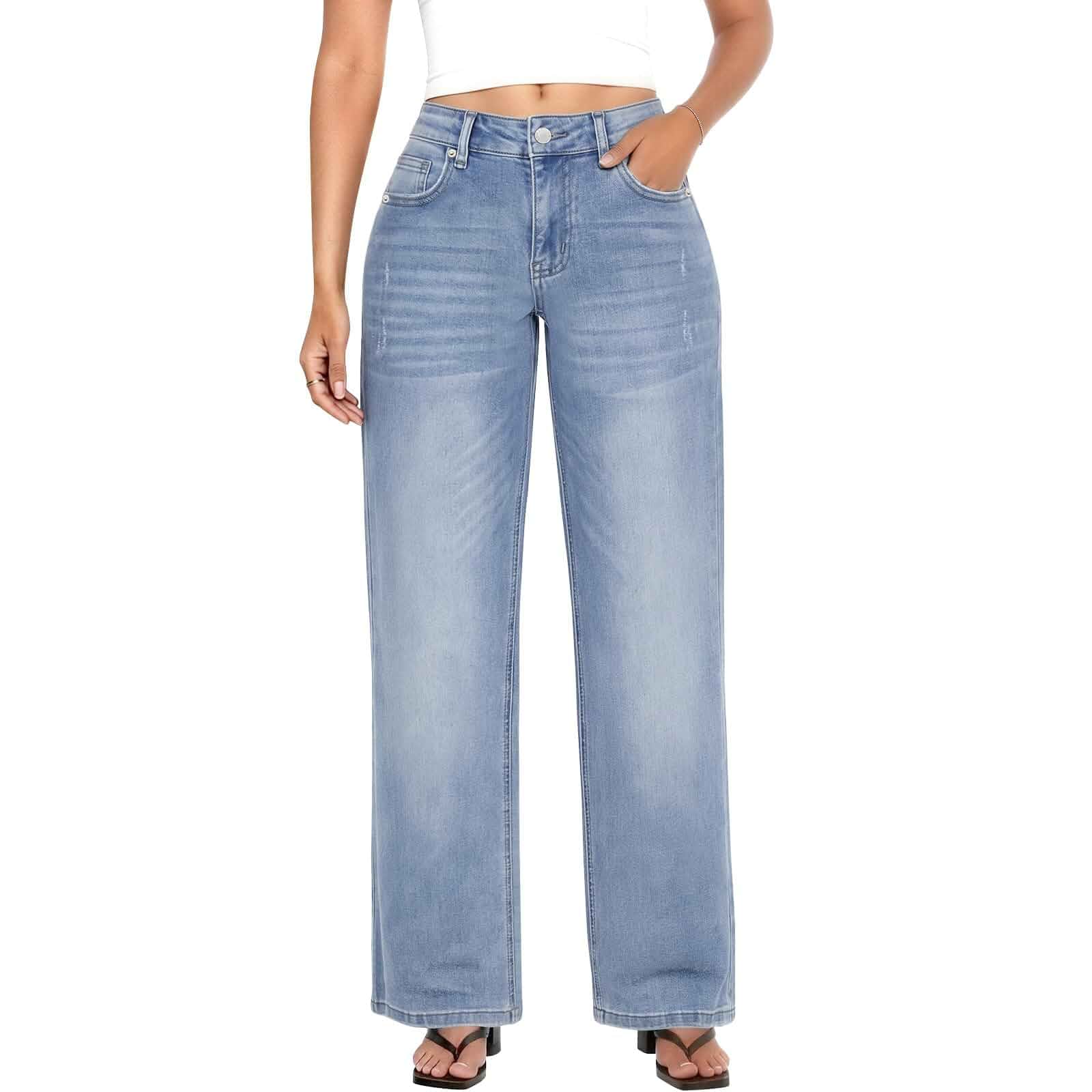 Women's Wide Leg Jeans Mid Low Rise Baggy Straight Denim Pants Loose Stretchy,Relaxed Fit,Cofortable,Boyfriend,Trendy,Five Pockets,Soft Stretchy,Fashion Clothing,Casual Wear