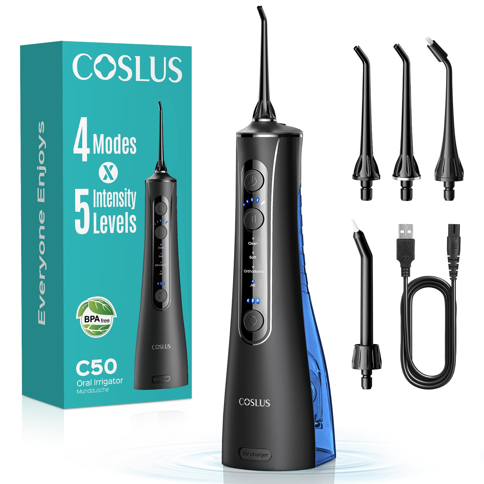 COSLUS Cordless Water Flosser for Teeth: 4 Modes & 5 Intensities Water Dental Pick with MDL Accepted for Orthodontic, Braces & Gums Care - Portable for Travel, 4 Tips for Family Use, BPA-Free, Black