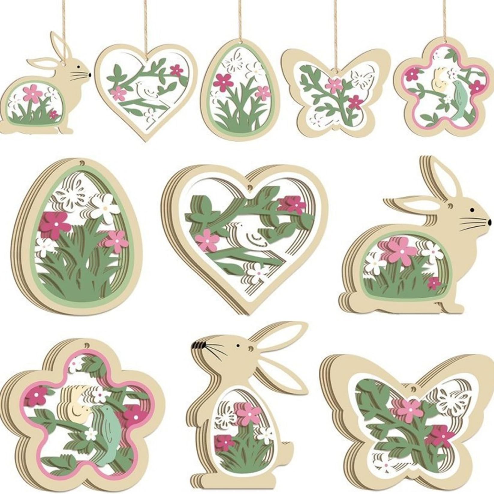 Bunny Ornament 24PCS 6 Styles Hanging Easter Tree Ornaments Wood Flower Butterfly Egg Heart Rabbit Easter Decorations for Home Crafts Spring Party, Decorations