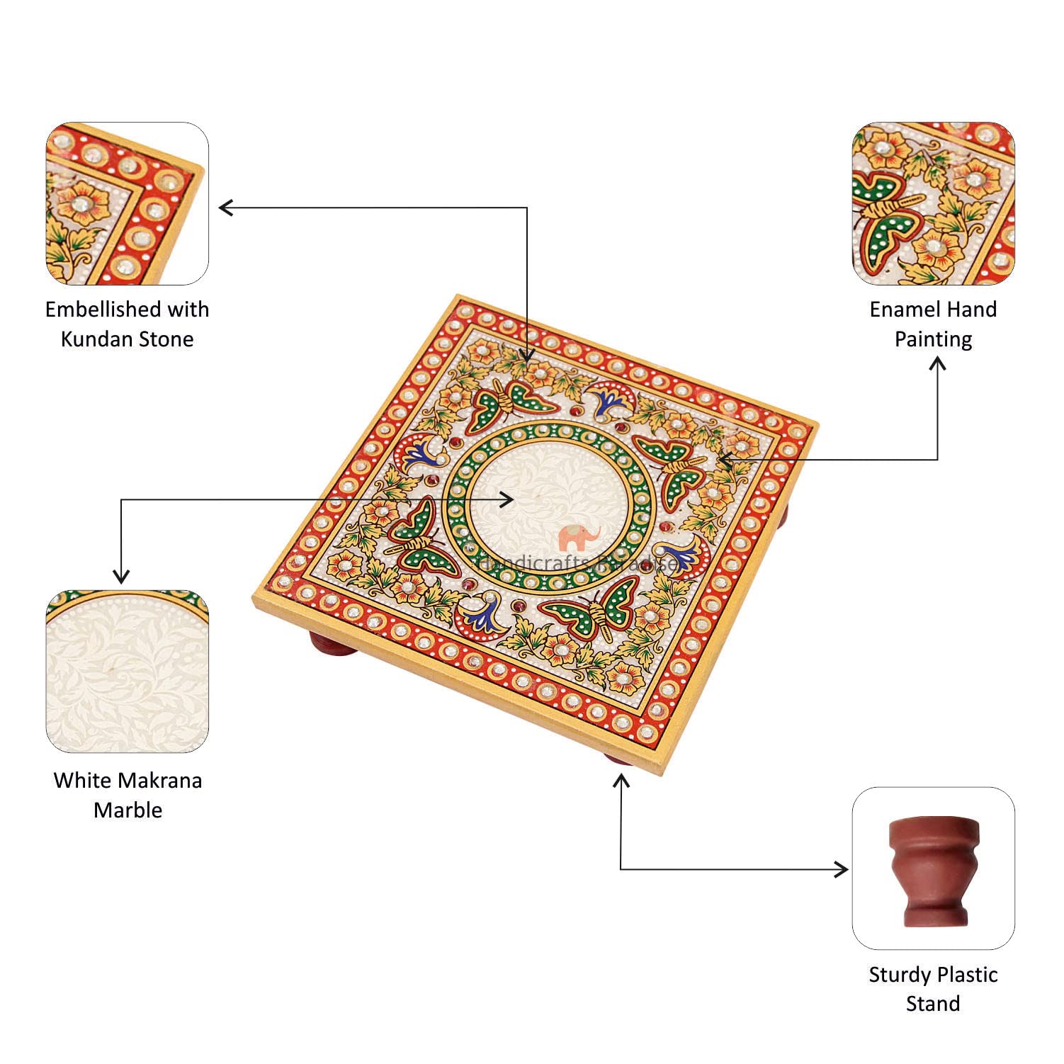 Handicrafts Paradise ( 6 x 6 inch Intricate Butterfly Design Painted Marble Chowki (Multicolour), Home Mandir, Idols Statues Pratima, Bajot for God, Home Décor Showpiece 3