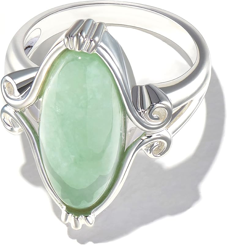 Sterling Silver Oval Cut Genuine Green Jade Statement Ring, Size 5