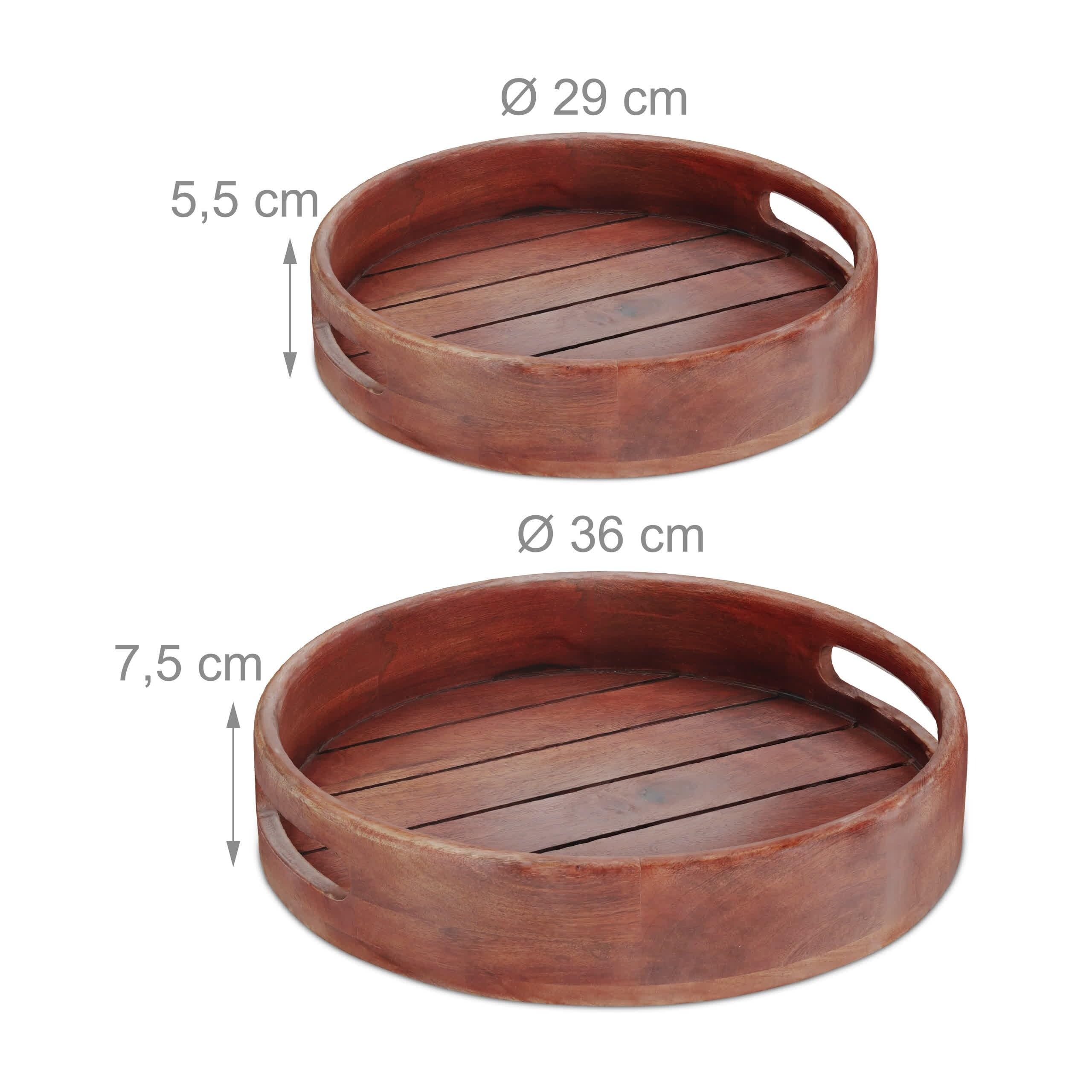 Relaxdays Plateau de Service, avec poignées, Bord surélevé, Design Rond, Bois de manguier, H x D : 29 x 36 cm, Marron