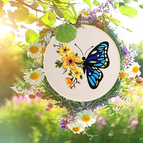 Miniatura 7 de MIKIMIQI Paquete de 3 kits de bordado con patrón, kit de bordado estampado de flores y mariposas que incluye telas de bordado, aros de bambú, agujas