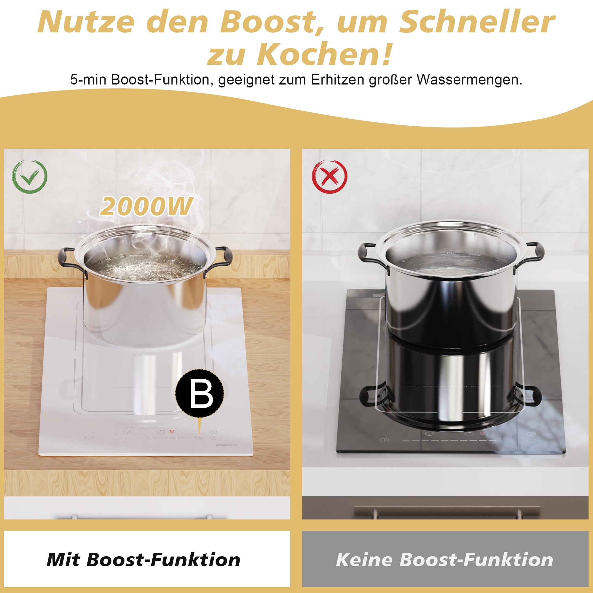 DELITEER Induktionskochfeld 2 Zonen Mit Stecker, Kochfeld Induktion 30 Cm Einbau, Touch-Steuerung, Flexzone Für Grill, Berührungssteuerung, 3500W, 16-A Steckerdose, 230V