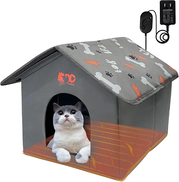 Heated Cat House, 3 Adjustable Temperature Indoor Dog House, Pressure Activated, Chew-Resistant Cord, Warm Shelter for Cats & Small Dogs