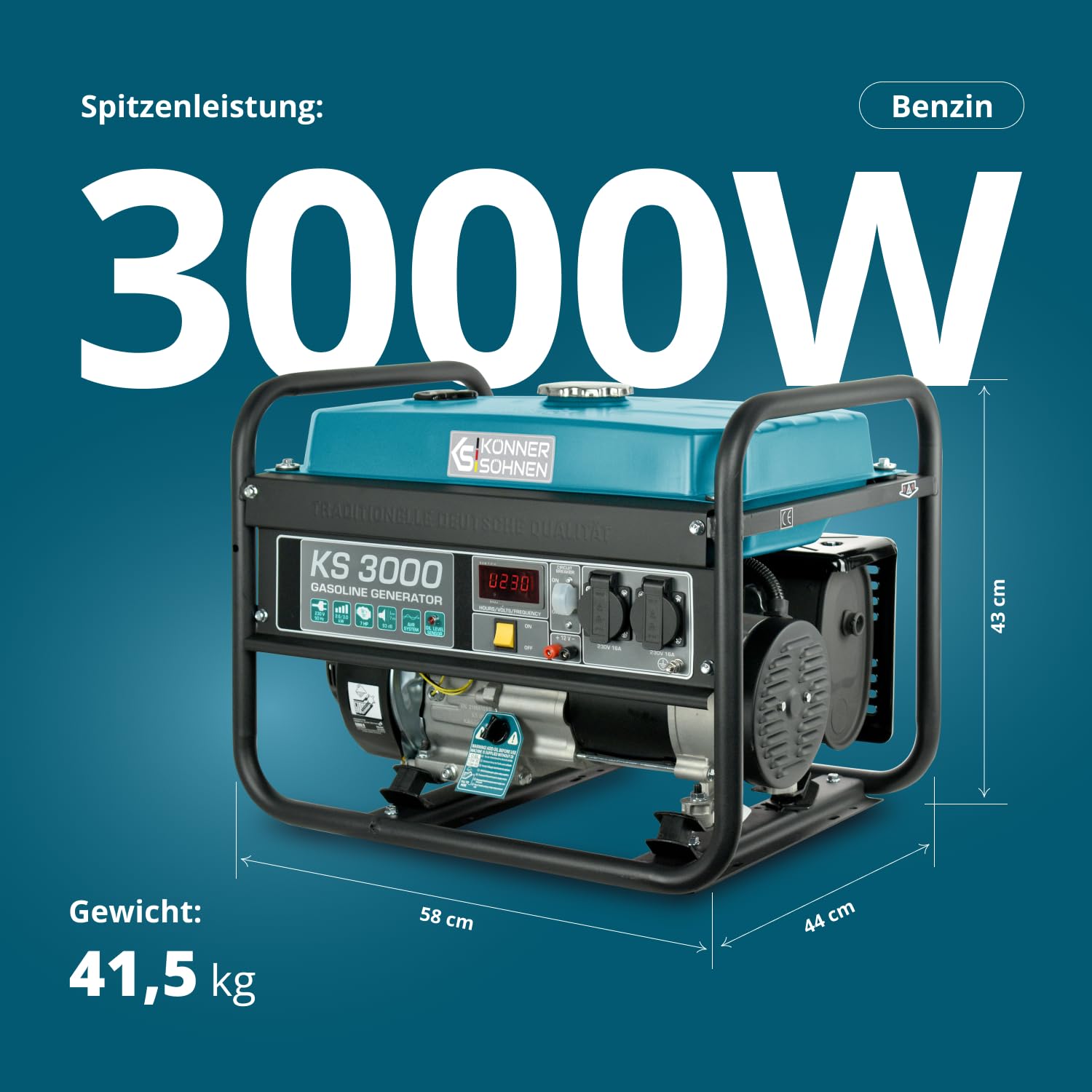 Könner & Söhnen KS 3000 Stromerzeuger,7 PS 4-Takt Benzinmotor, strom generator 3000 Watt,16A,230V Generator, Garage oder Camping Blau3