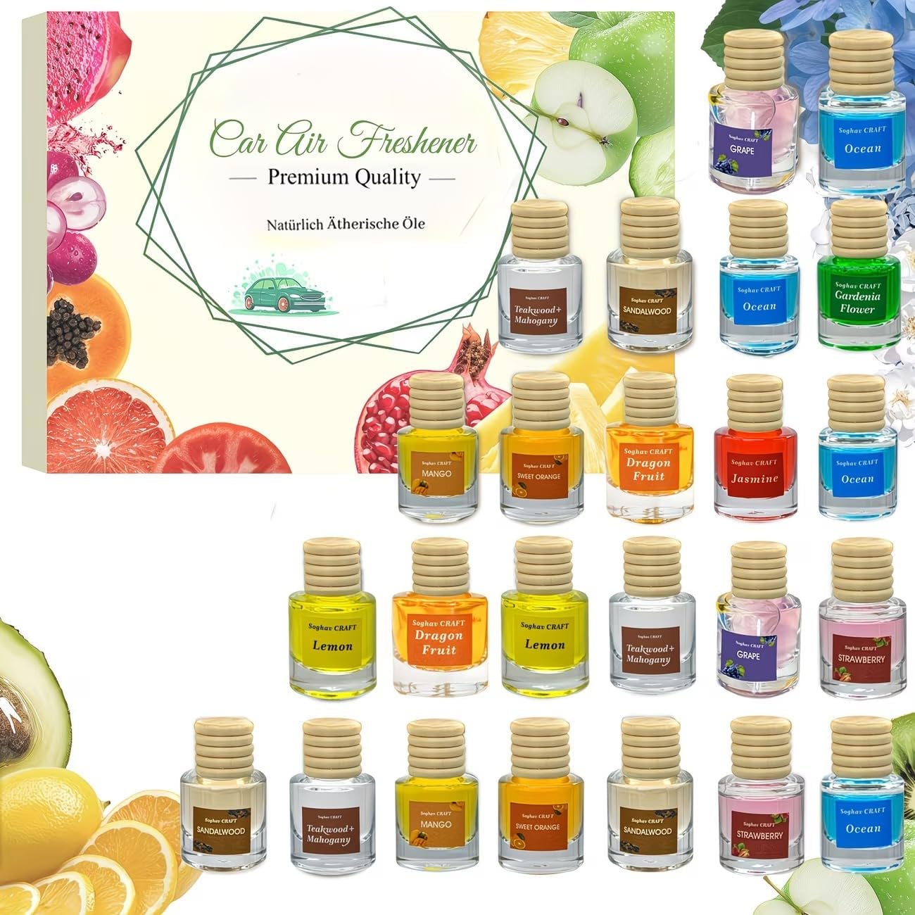 Air Diffuser Essential Oil Set | 24 Natural Scents Like Jasmine, Ocean, Sandalwood | Long Lasting Car Air Freshener for Women & Men | Hanging Glass Bottles, Air Freshener for Travel (8 ML Per Bottle)