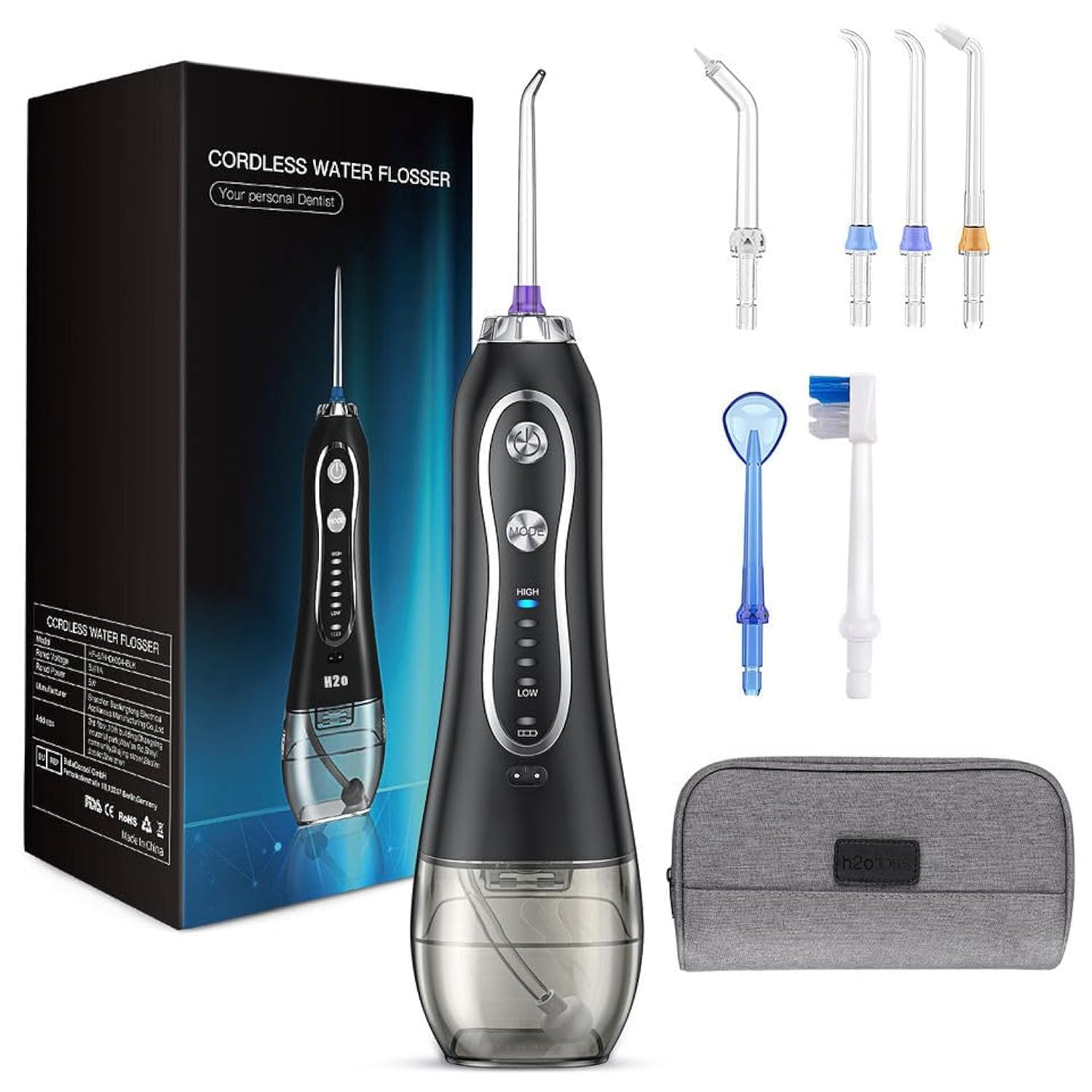 SCIENISH H2o Power Flossers Water Flosser Portable Dental Oral Irrigators With 5 Modes, 6 Replaceable Jet Tips, Rechargeable Waterproof Teeth Cleaner 300ml and Teeth Whitening Gel 30ml (HF6-Black)