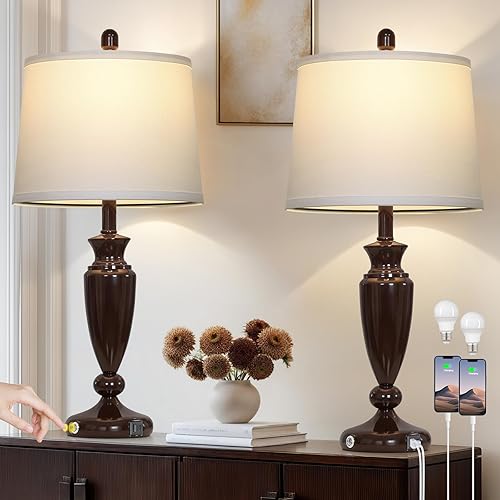 Miniatura 15 de Juego de 2 lámparas de mesa de metal, control táctil de 3 vías plateadas, con puertos USB A+C, modernas lámparas de mesita de noche de níquel