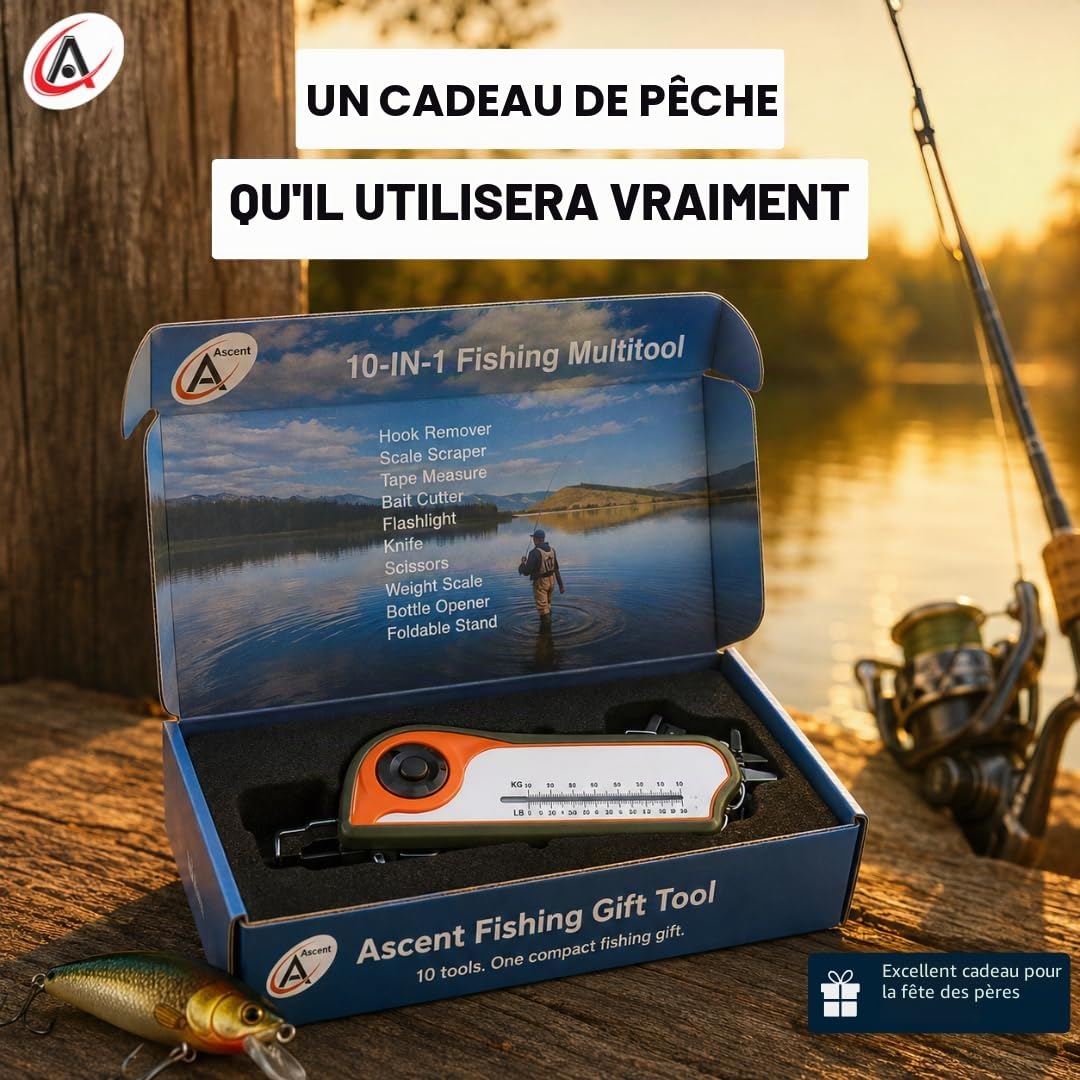 Outil de cadeau de pêcheur Pêche Outil - Crochet Remover Grattoir, Évoluer, mètre à ruban, Appât Cutter, lampe de poche, ciseaux, poids Échelle, décapsuleur, idée de cadeau pour homme femme enfants