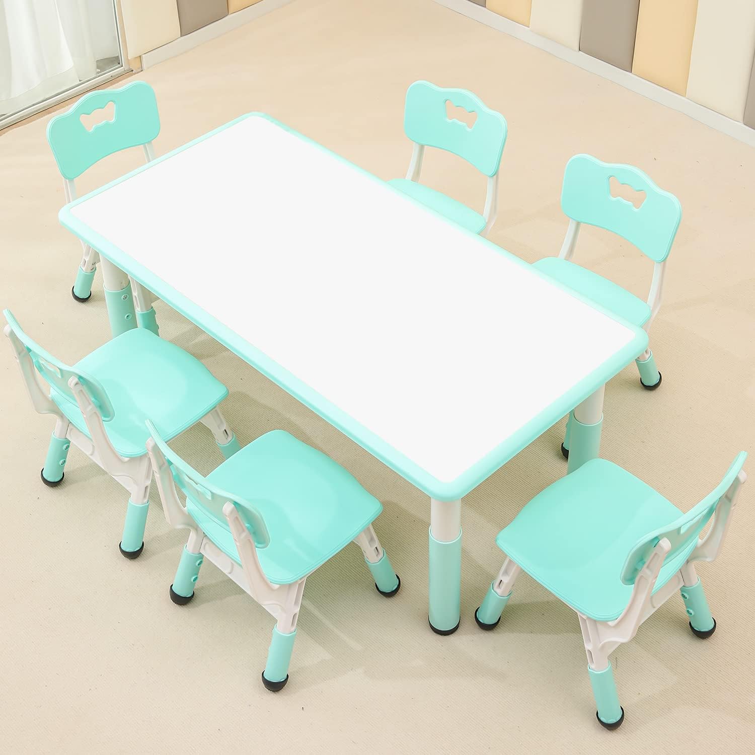 - monleelnom Children's Table and Chair Set Suitable for Boys and Girls Age 2-12 Height Adjustable Table top Can be Painted with 6 Seats Suitable for Family Learning Daily use (Mint Green)