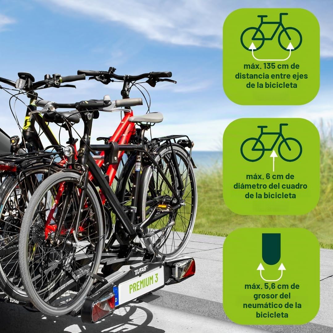 EUFAB Portabicicletas 11522 PREMIUM 3, para enganche de remolque, plegable, para 3 bicicletas