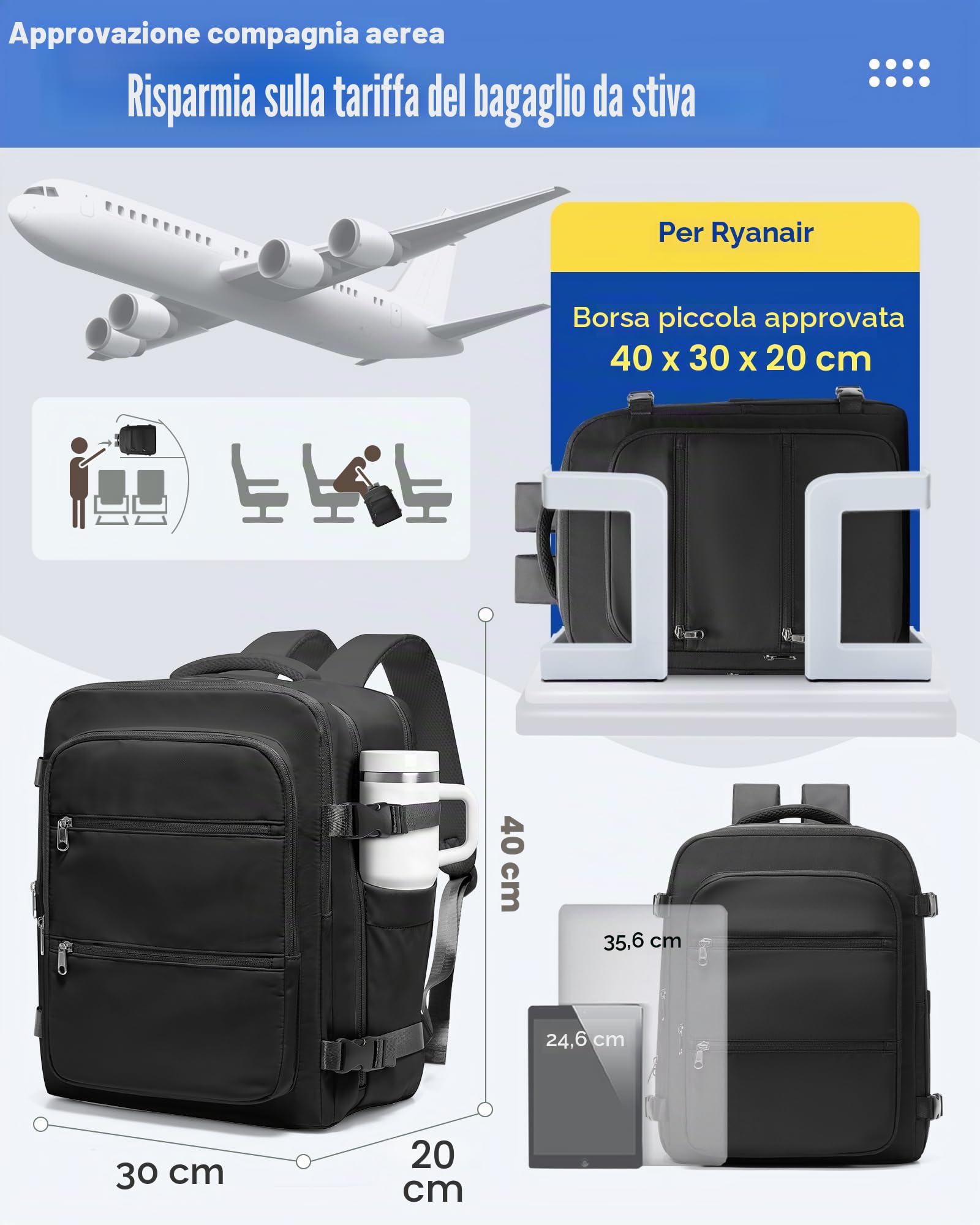 Zaino Ryanair 40x30x20 Sottovuoto con pompa,Wizzair Sottovuoto da viaggio Bagaglio a Mano con compressione sottovuoto,Zaino Donna Zaino Casual Laptop 14 Pollici,Nero