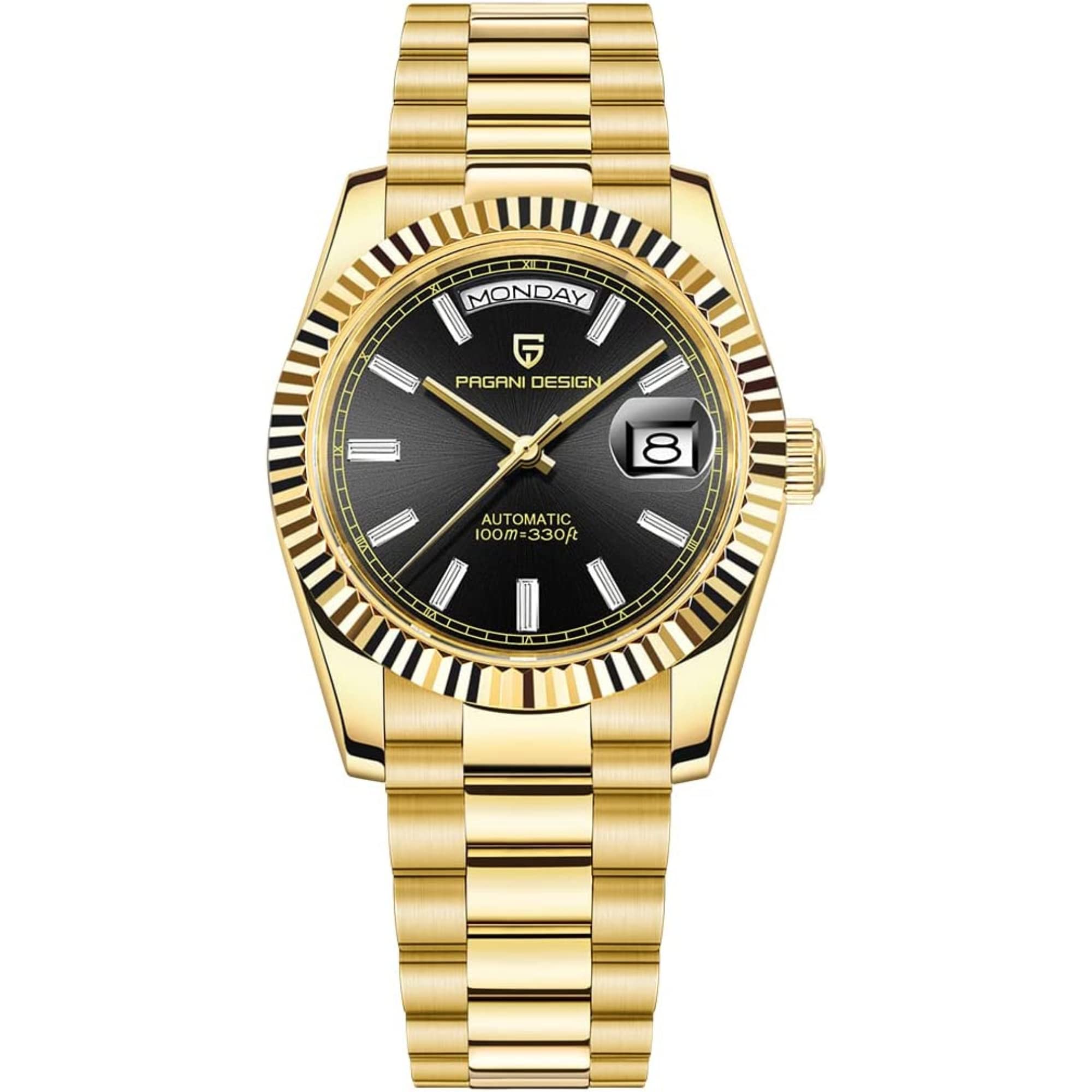 Pagani Design(????????) Pd-1752 Presidential Day Date Homage Automatic Analogue Movement (St6) | Stainless Steel Men's 36 Mm Watch | Black Dial - Golden