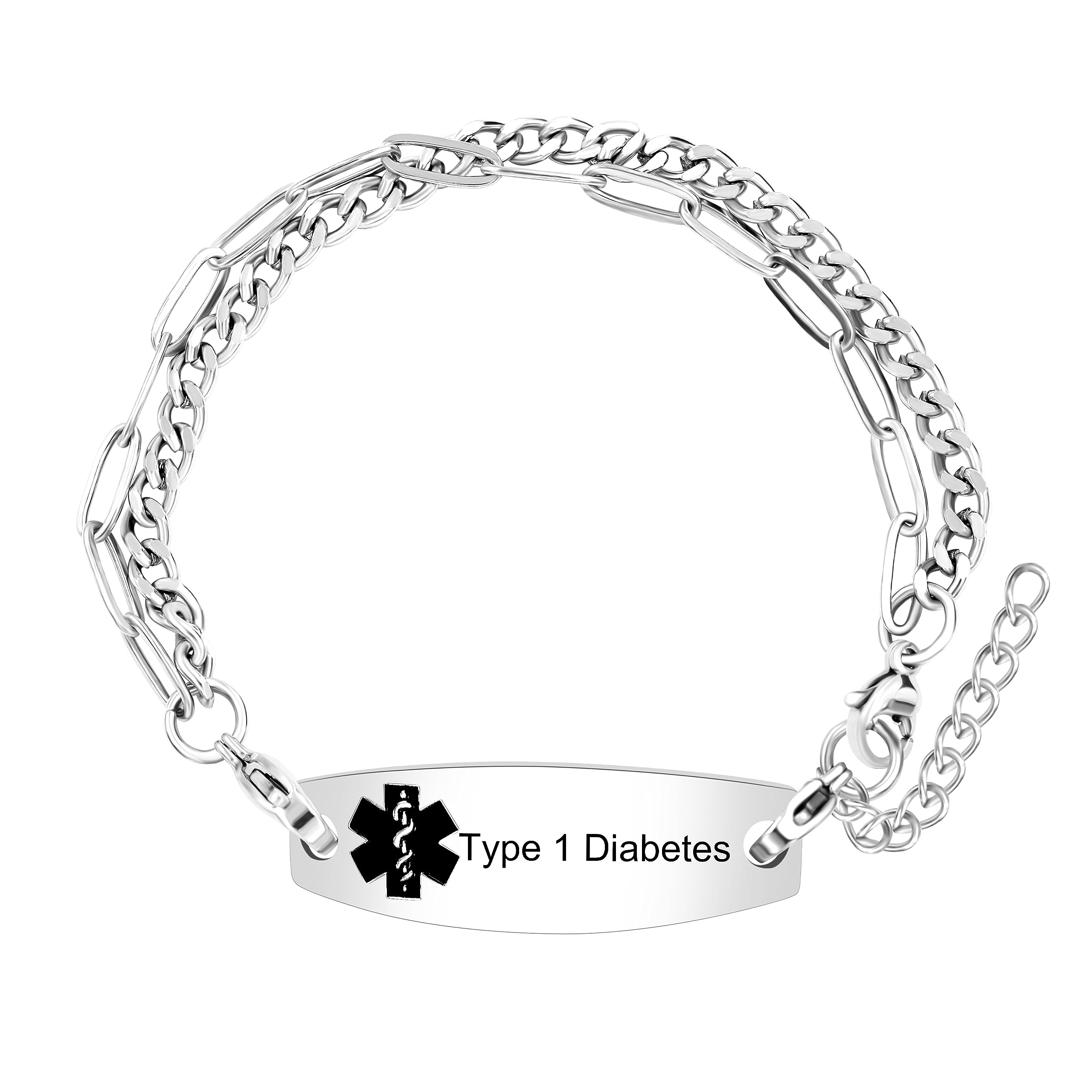 Uloveido Personalized Emergency Medical Alert Bracelet - Adjustable Two Layers Link Chain Bracelet for Women and Men