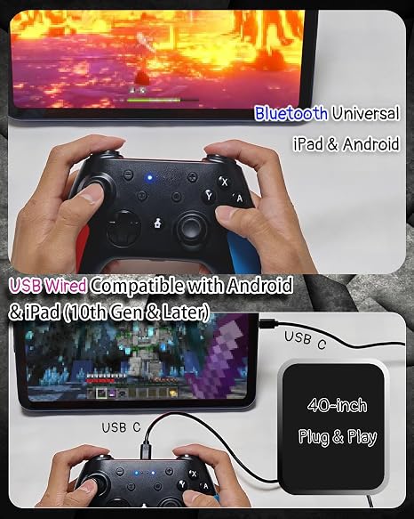 Wzuicov Wireless & Wired Gaming Controller, Bluetooth / USB Dual Mode for iPhone, Android, Switch, Switch 2, PC, TV Box, Tesla, Apple Arcade & Android Games Ready, Includes 2 USB-C Cables & Adapter