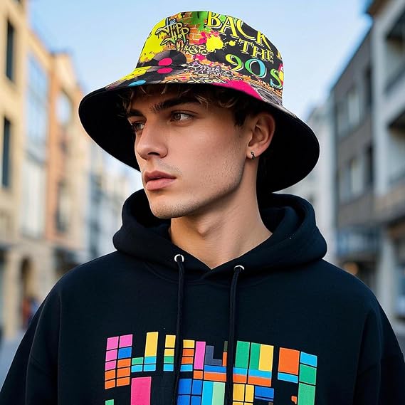 Pack of 2 Fishing Hats Bucket Hat Retro 80s 90s Style Fishing Hat Unisex Double-Sided Summer Hat for Disco Hip Hop Outdoor
