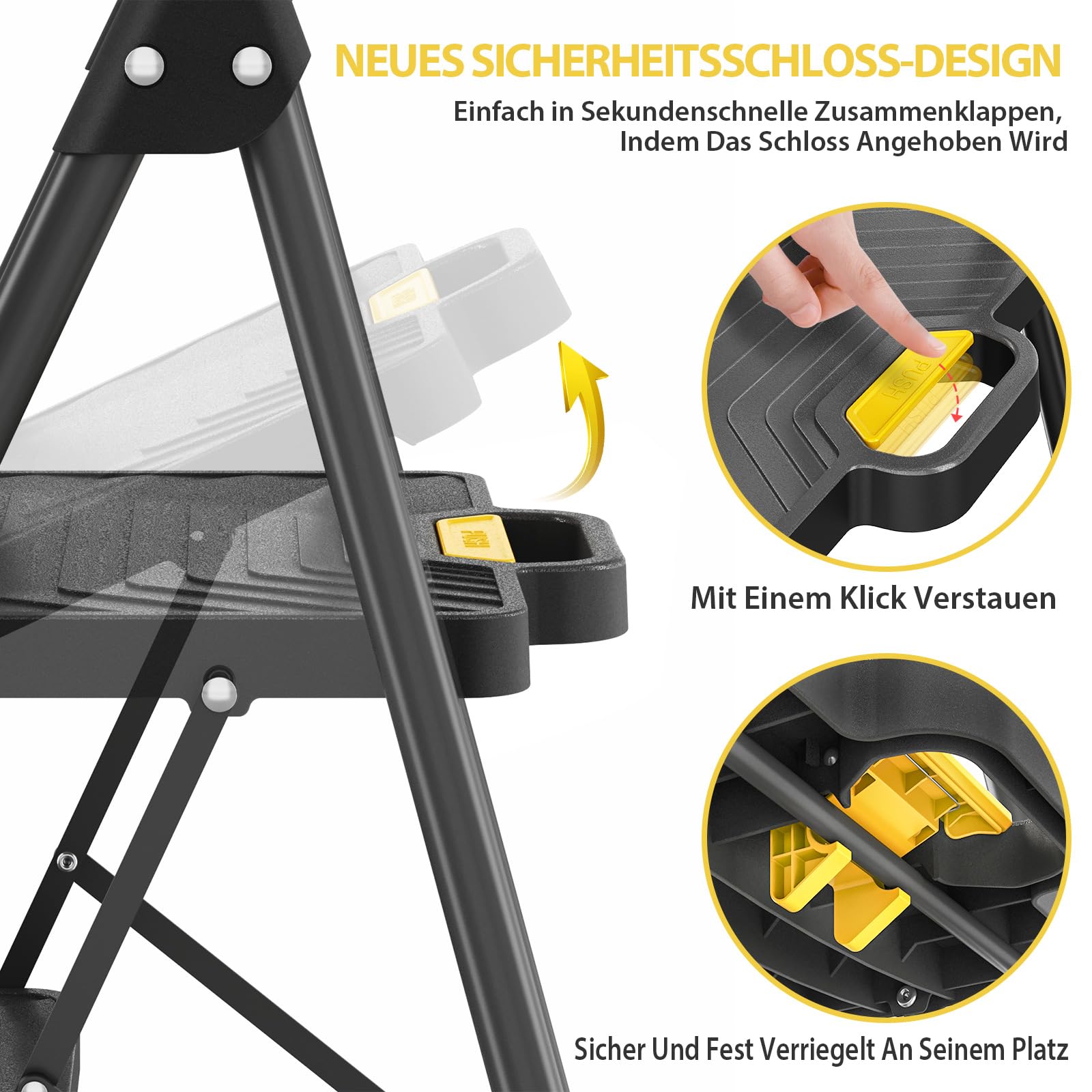 KINGRACK Trittleiter 3 Stufen Klappbar, bis 360 kg belastbar, Klapptritt mit Breiten Anti-Rutsch-Stufen, Stabiler Tritthocker mit Handlauf für Küche & Haushalt, Schwarz