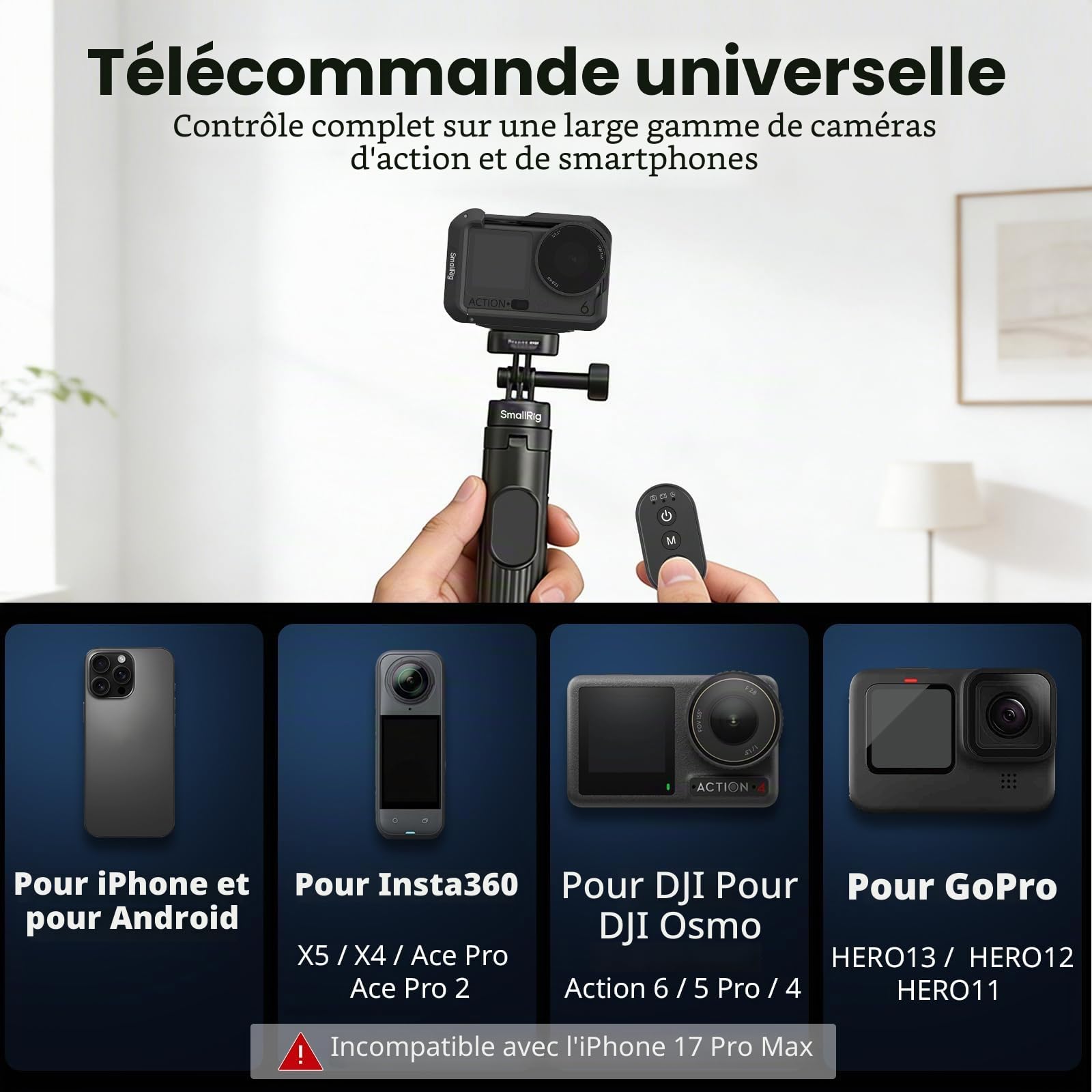 SMALLRIG 59" Perche à Selfie avec Trépied et Télécommande, Trépied Extensible en Aluminium pour DJI Osmo Action 5 Pro/Pocket 3, pour Insta360 X5/X4, pour GoPro Hero 13/12/11, pour iPhone 17/16-5464
