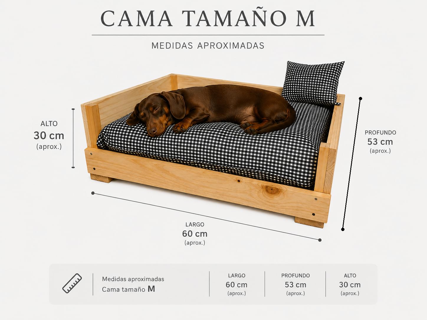 Cama para Perro de Madera Premium, Diseño Vichy Negro, Colchón Lavable y Desenfundable, Hecha a Mano en España, con Cojín de Regalo, Tallas M, L y XL