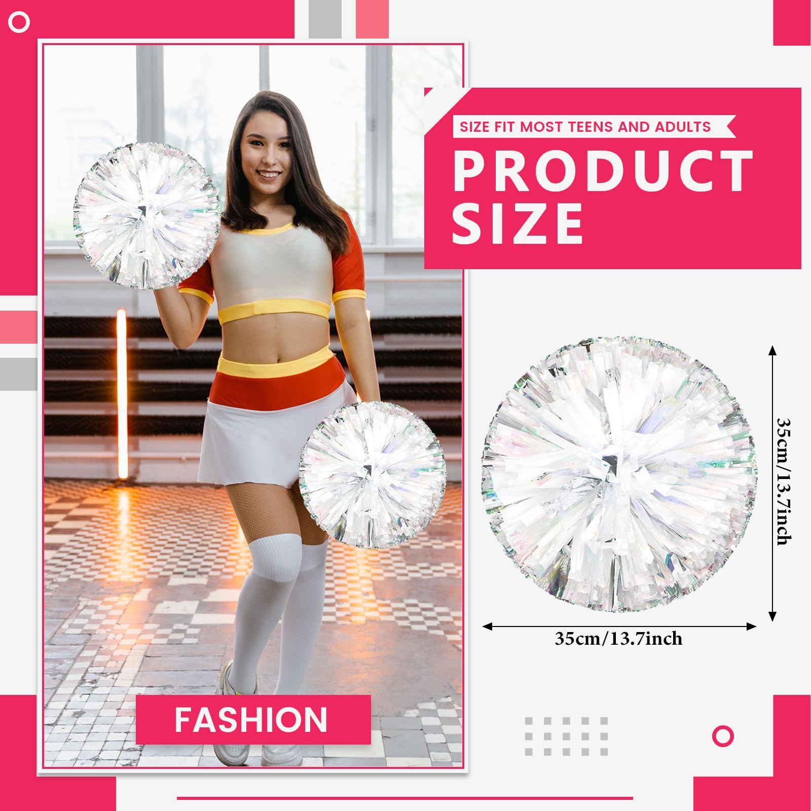 8 szt. pomponów Cheer, 34,7 cm pompony cheerleaderki z płatnością na cztery palce, pompony do tańca, zapałek (mieszane srebrne)