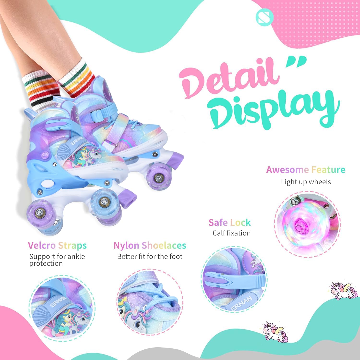 ERNAN Roller Enfant Filles et Garçons,Patin a Roulette Enfant 4 Taille Réglable, Roller Quad avec 8 Roues Lumineuses. Patins à roulettes pour Enfants pour débutants