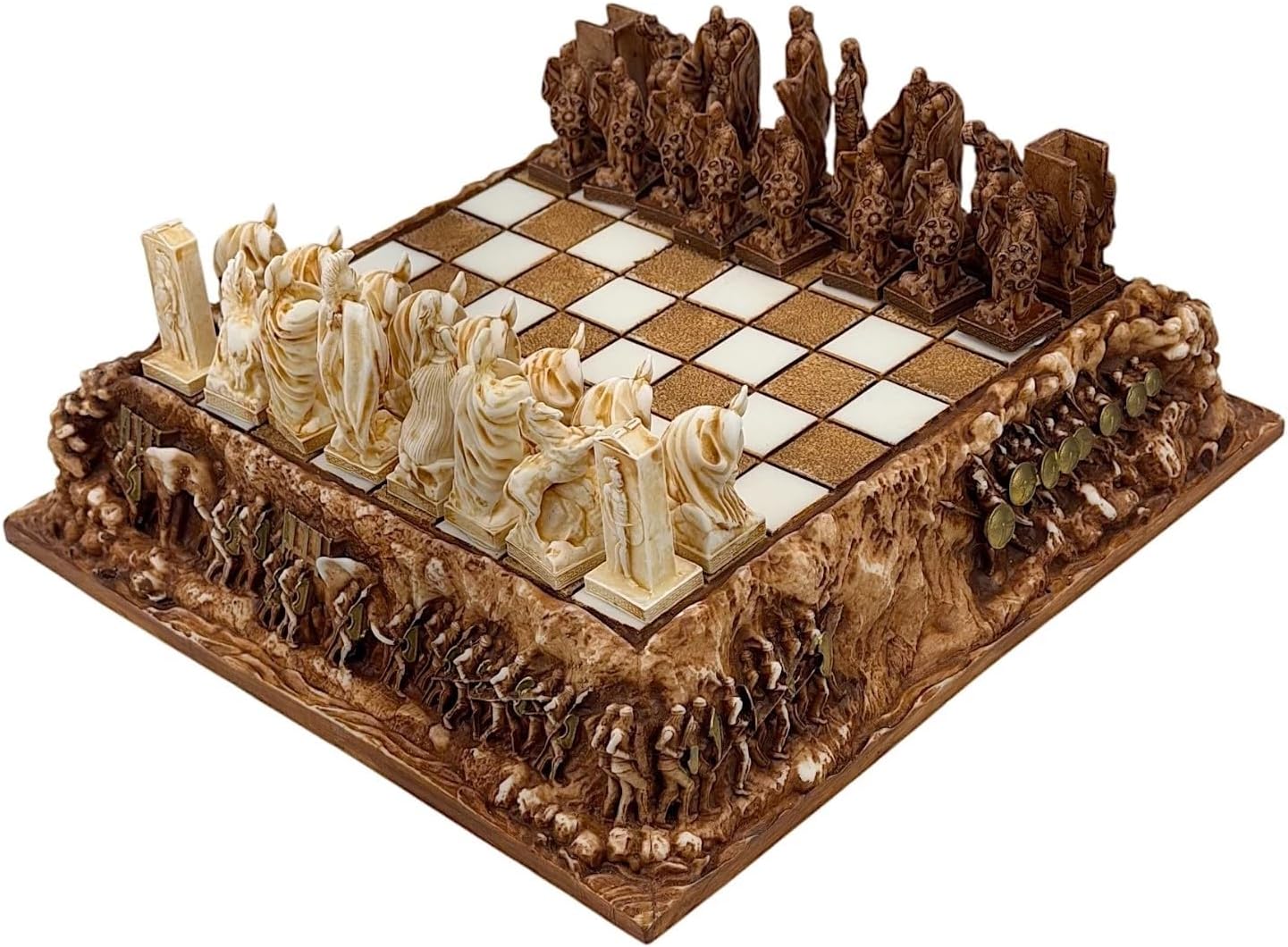 Battle of Thermopylae Chess Set – 32 Hand-Painted Spartan vs Persian Warrior Pieces, Cast Alabaster, Small Board 9.45 in, Handmade in Greece