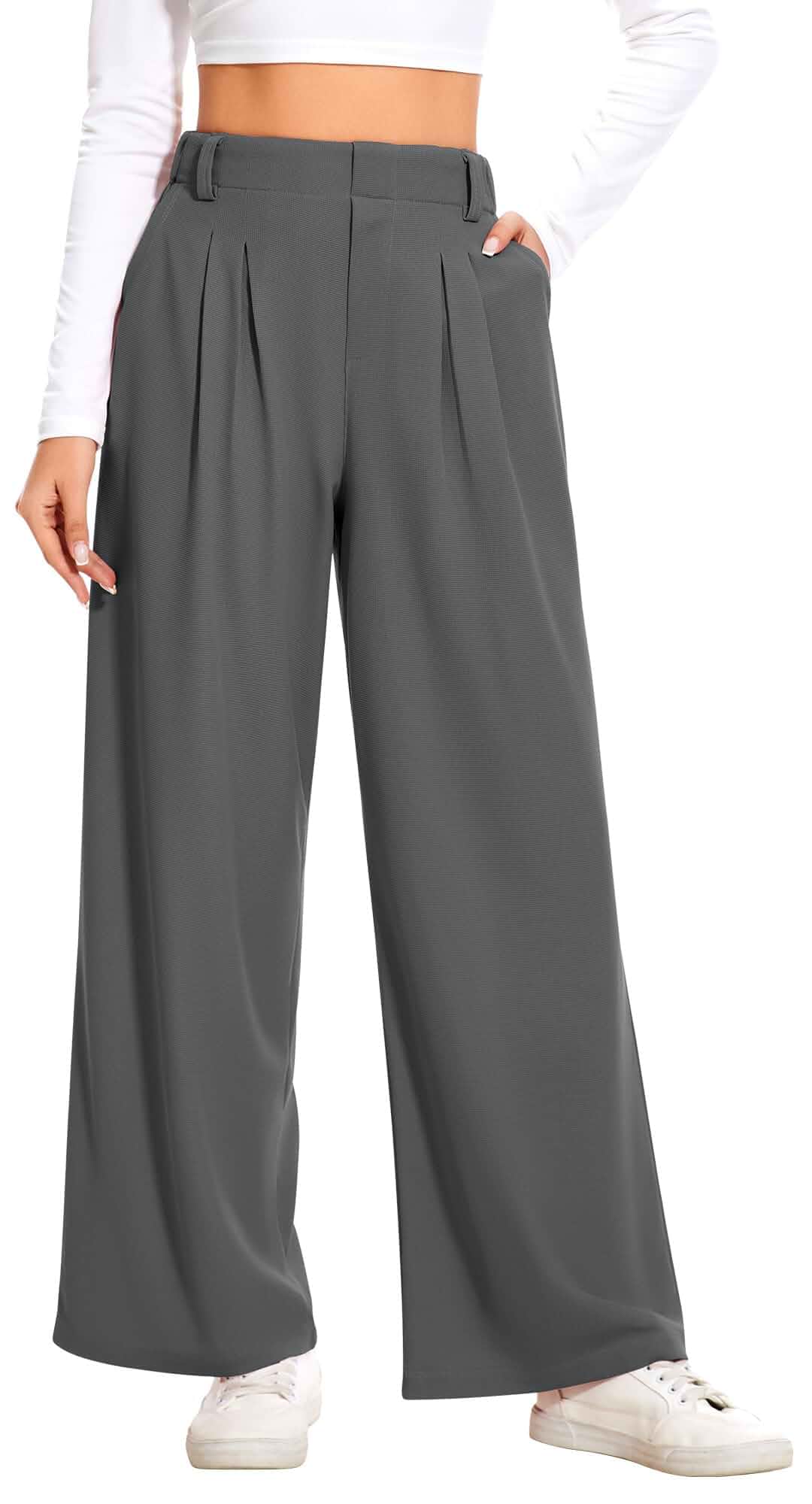 AVAMO Slacks for Women Dress Pants Stretchy Work Pants Wide Leg High Waisted Business Casual Trousers with Pockets Waffle