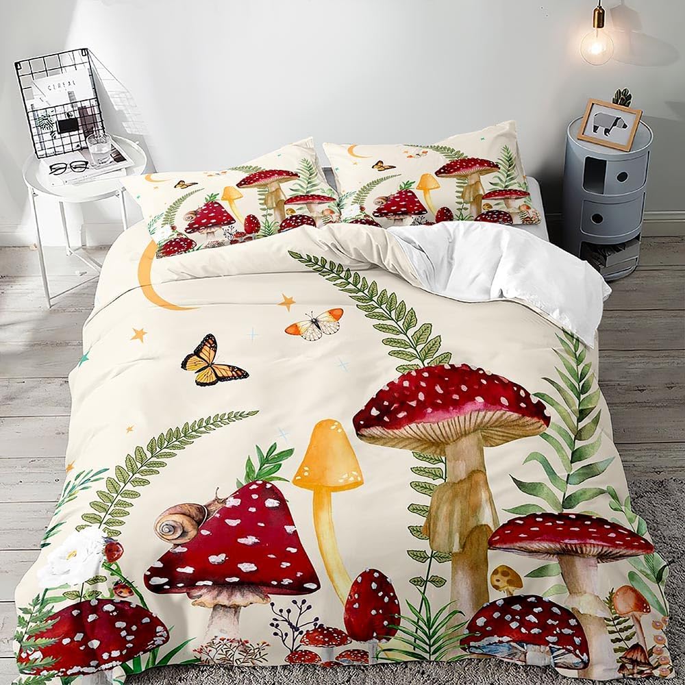 LUVIVIHOME 3PCS Red Mushroom Bedding Set, Cottagecore Aesthetic Boho Duvet Cover Queen, Moon and Stars Butterfly Snail Green Plant Botanical Fungus Beige Comforter Bedspread Quilt Cover 2 Pillow Shams