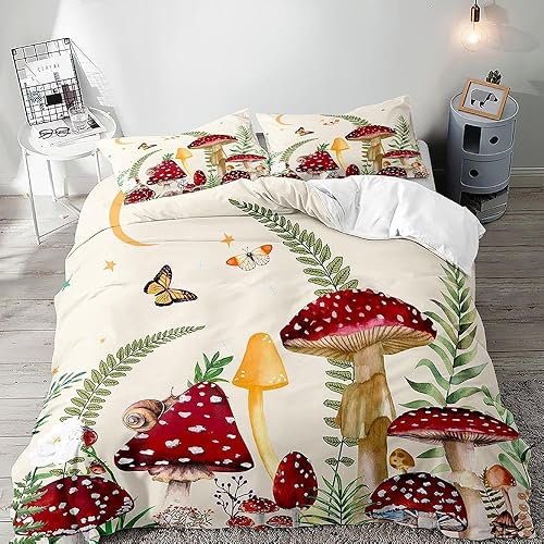 LUVIVIHOME Juego de ropa de cama de 2 piezas, diseño de hongos rojos, funda de edredón individual, luna y estrellas, mariposa, caracol, planta