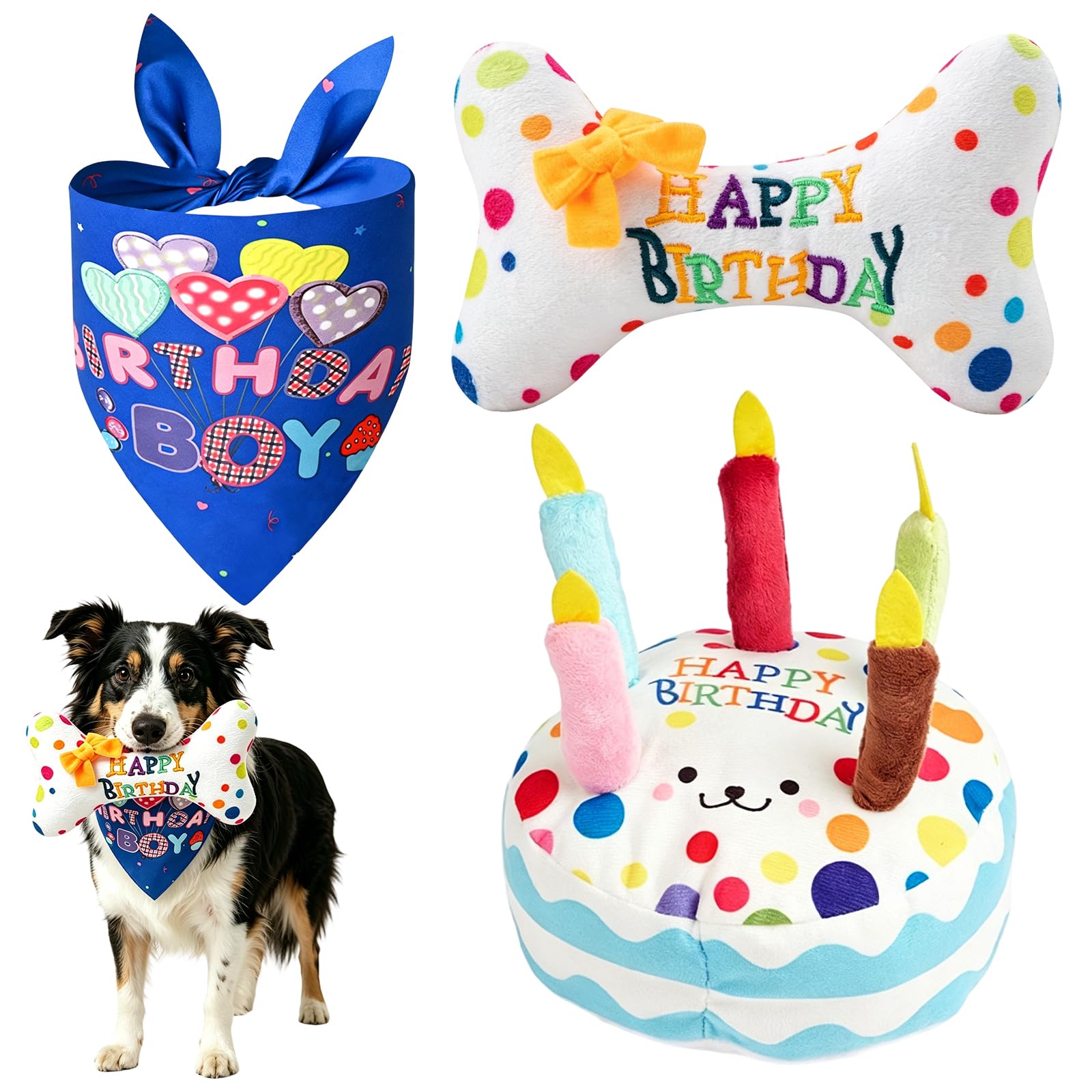 3-Piece Dog Birthday Present Set for Small Medium Dogs – Includes Bandana, Cake-Shaped Item & Bone-Shaped Item, Perfect Dog Birthday Gift for Happy Puppy Celebration