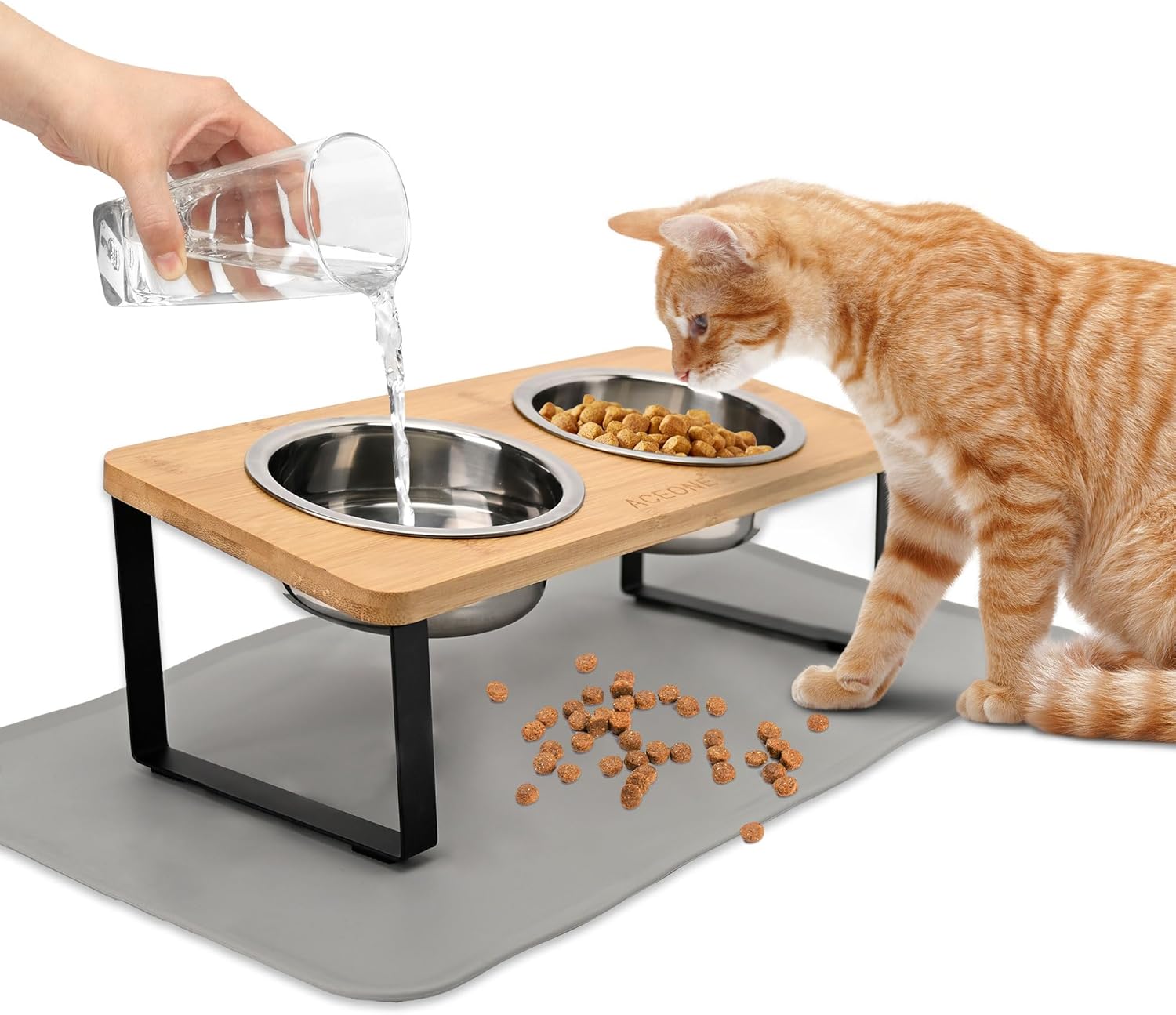 Elevated Cat Bowls with Non Slip Mat, 15° Tilted Raised Anti Vomit Cat Feeder for Food and Water, Pet Feeding Station with 2 Stainless Steel Bowls