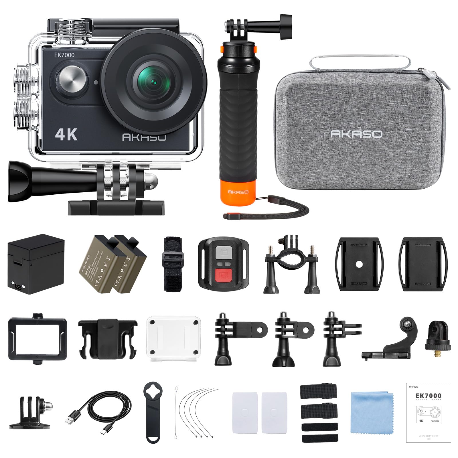 AKASO EK7000 4K30fps 20MP Action Camera EIS Ultra HD 131FT Waterproof Underwater Camera with Waterproof Floating Hand Grip Bundle and Carrying Case Helmet Accessories Kit Bundle