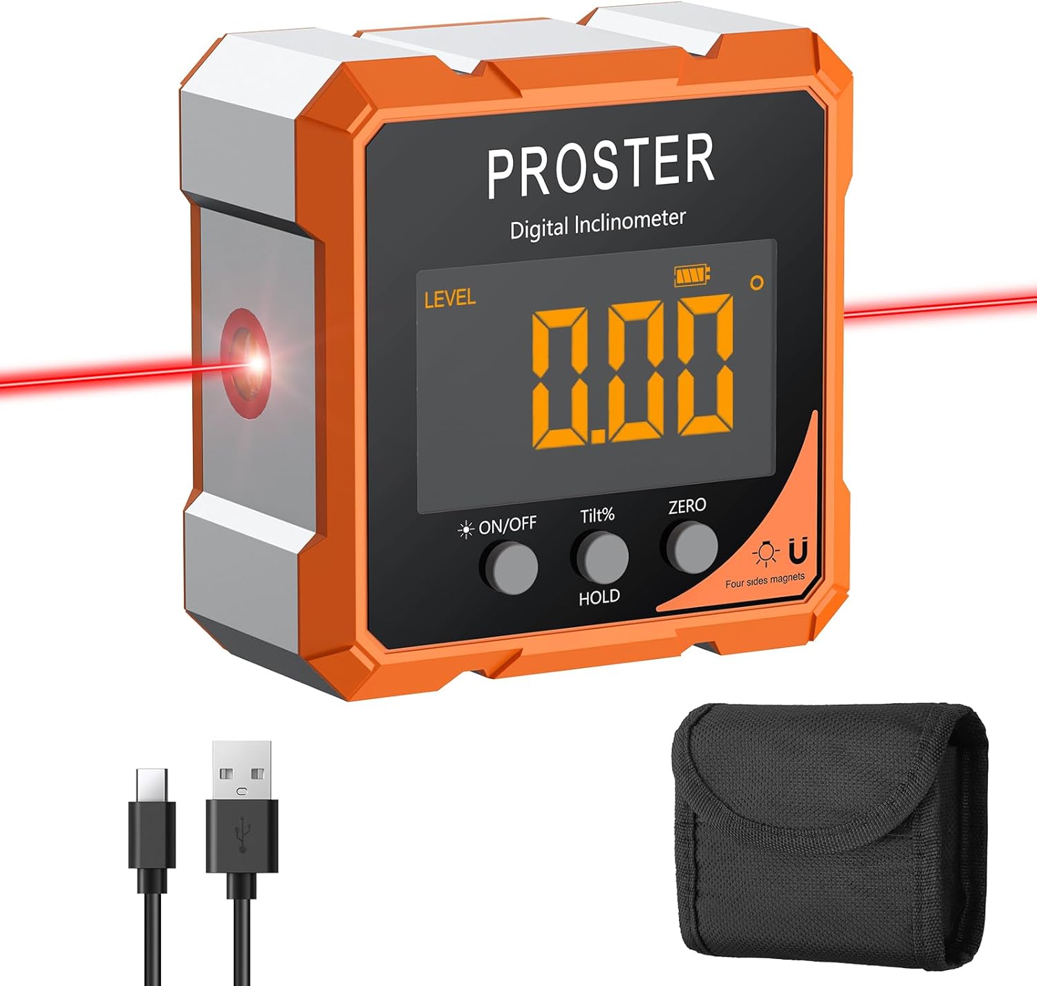 Proster Digital Angle Finder with Laser 4-Side Magnetic Angle Gauge IP54 Waterproof LCD VA Display USB-C Inclinometer Level Box for Woodworking Carpentry Building(Laser Level Class II,Output<1mW)
