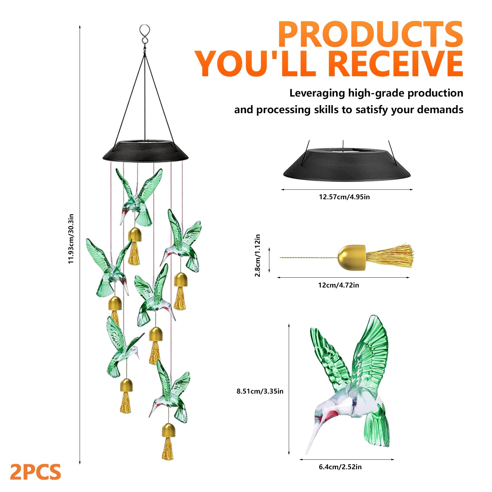 Scacciapensieri da giardino a LED solare, in metallo, per esterni, da appendere, set da 2 campanelli a vento a energia solare, da giardino, con design a colibrì, cambia colore, impermeabile, per