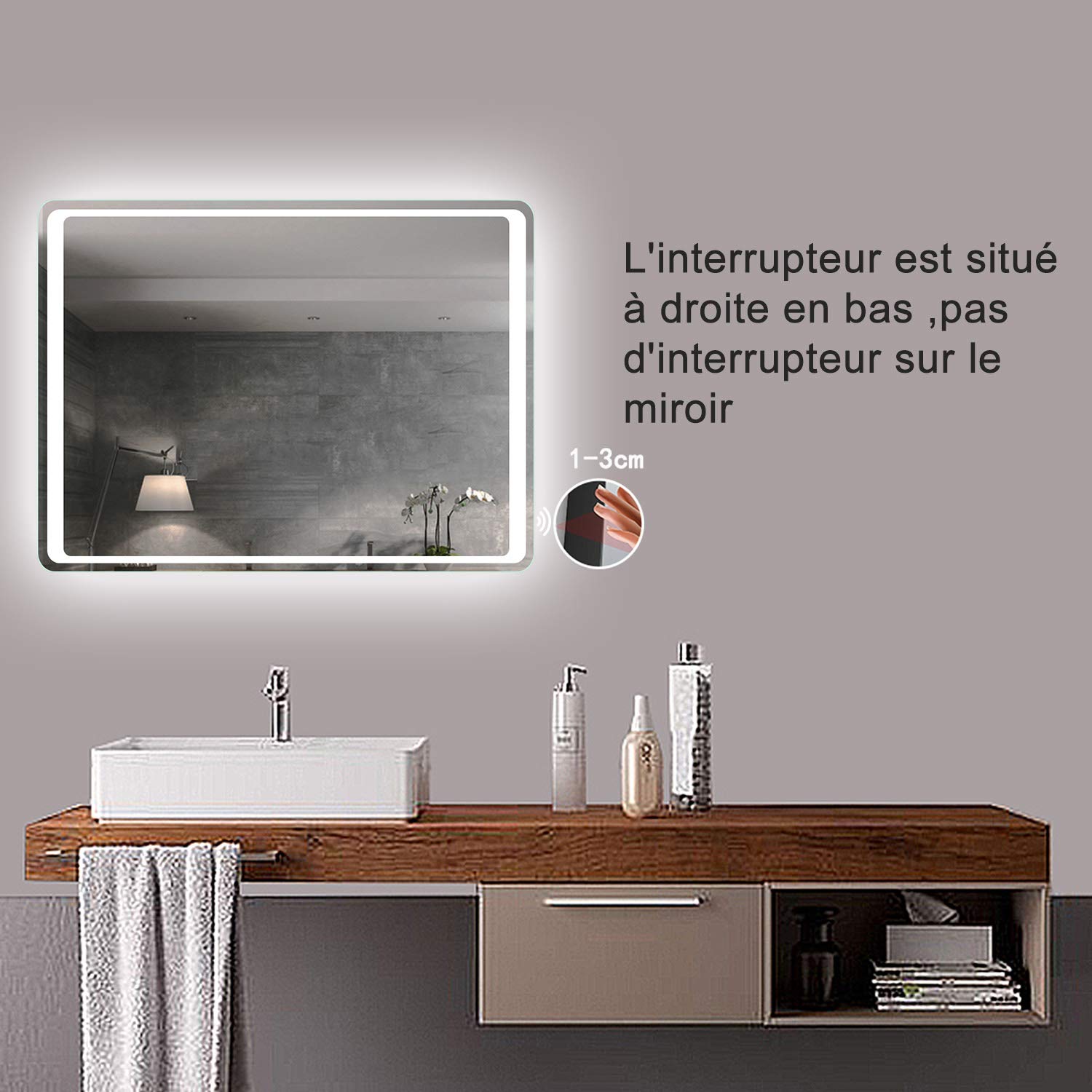 Miroir Salle De Bain LED 120x70cm - Anti-Buée, IP44, Cadre Aluminium, Double Interrupteur Tactile