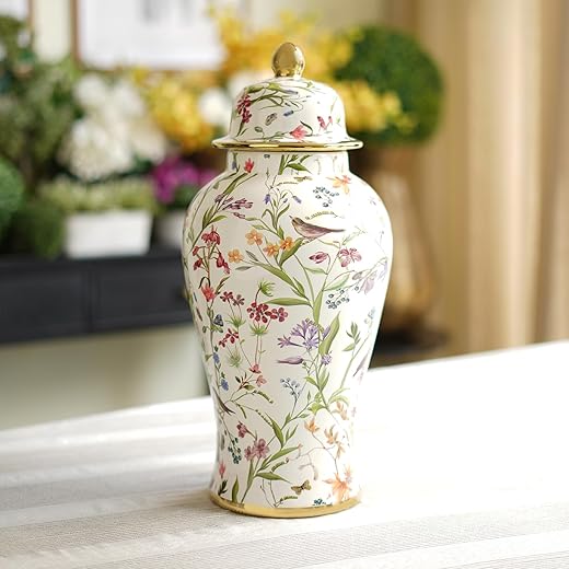 Pure Home + Living White Floral Print Ribbed Ceramic Urn with Lid - Large