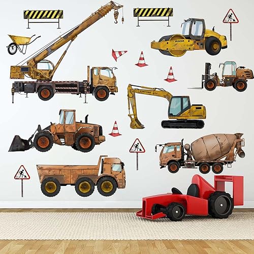 Runtoo Adhesivos de pared para vehículos de construcción, excavadora, tractor, camión, automóvil, decoración de pared para dormitorio de niños,