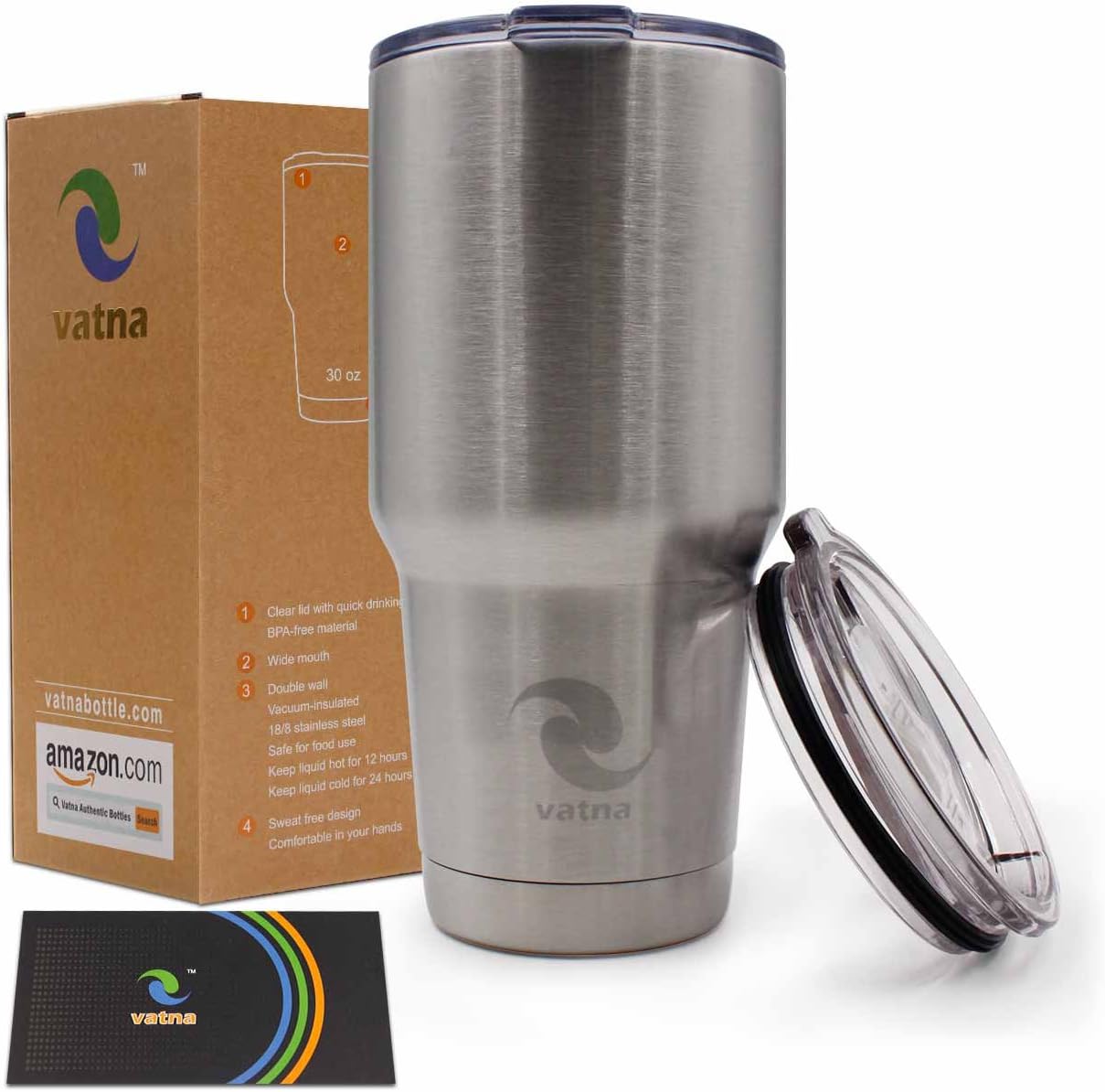 Vatna 30oz Premium Stainless Steel Double Walll Vacuum Insulated Tumbler Travel Mug - With 2 Lids a Regular Lid & Splash Proof Sliding Lid. Clear Screwed Cap,Leak-proof