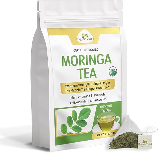 Organic Veda Moringa Tea 60 Pyramid Bags - True Green Single Origin USDA Organic Moringa Leaf Tea - cleanse, digest, metabolism, energy - Premium Harvest Peak Nutrients Tender Leaves, Caffeine Free