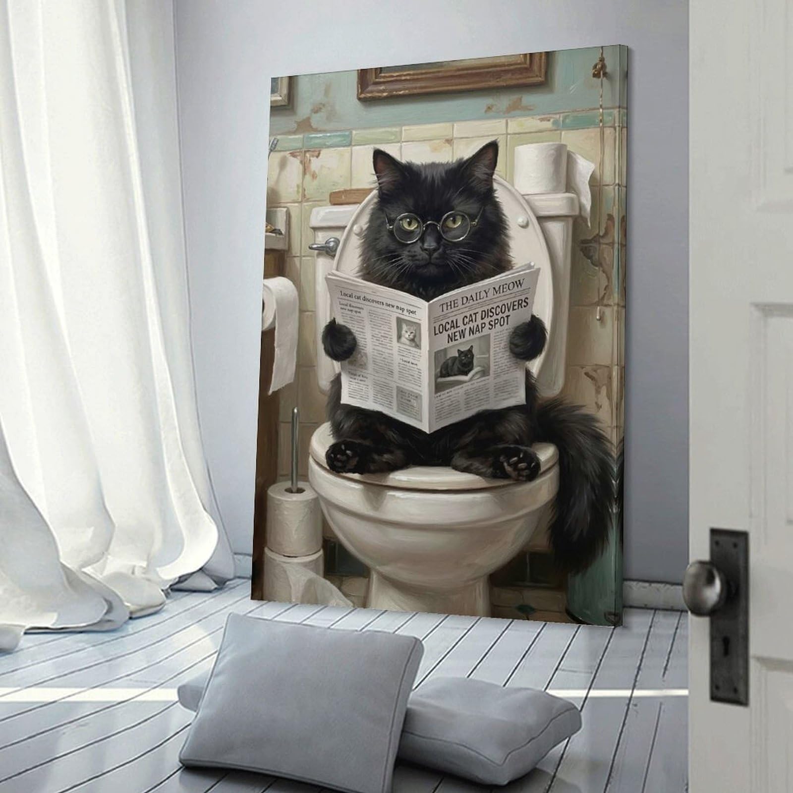 Junmoney Wall Picture Print Cat Reading Newspaper on Toilet, 20x30inch(50x75cm), for Small Homes, Bedrooms Or Open Spaces, An Easy Choice for New Home Styling