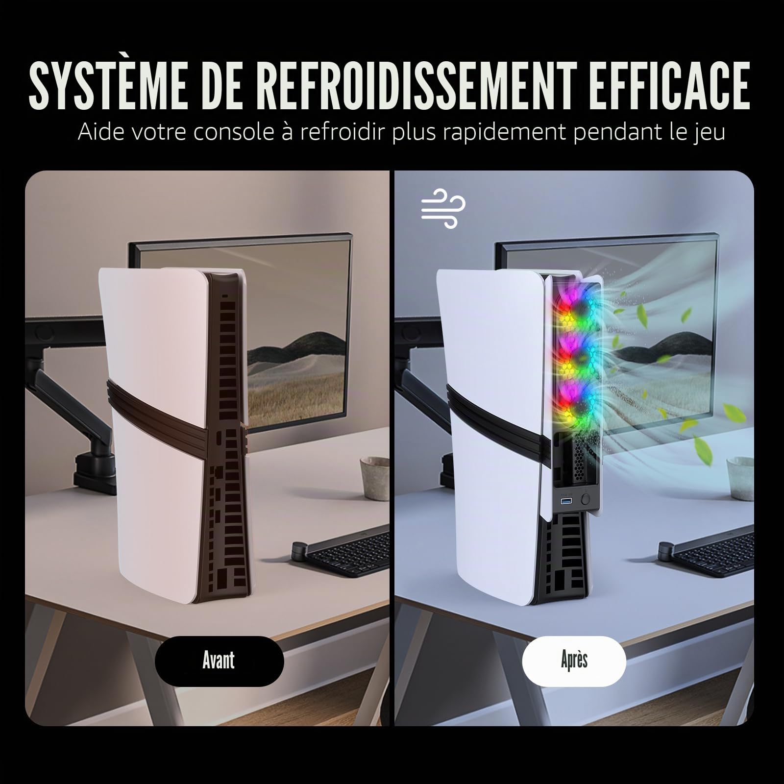 Ventilateur de refroidissement haute vitesse pour console PS5 Pro/Slim - Contrôle automatique de la température, faible bruit, éclairage RVB et port USB 3.0