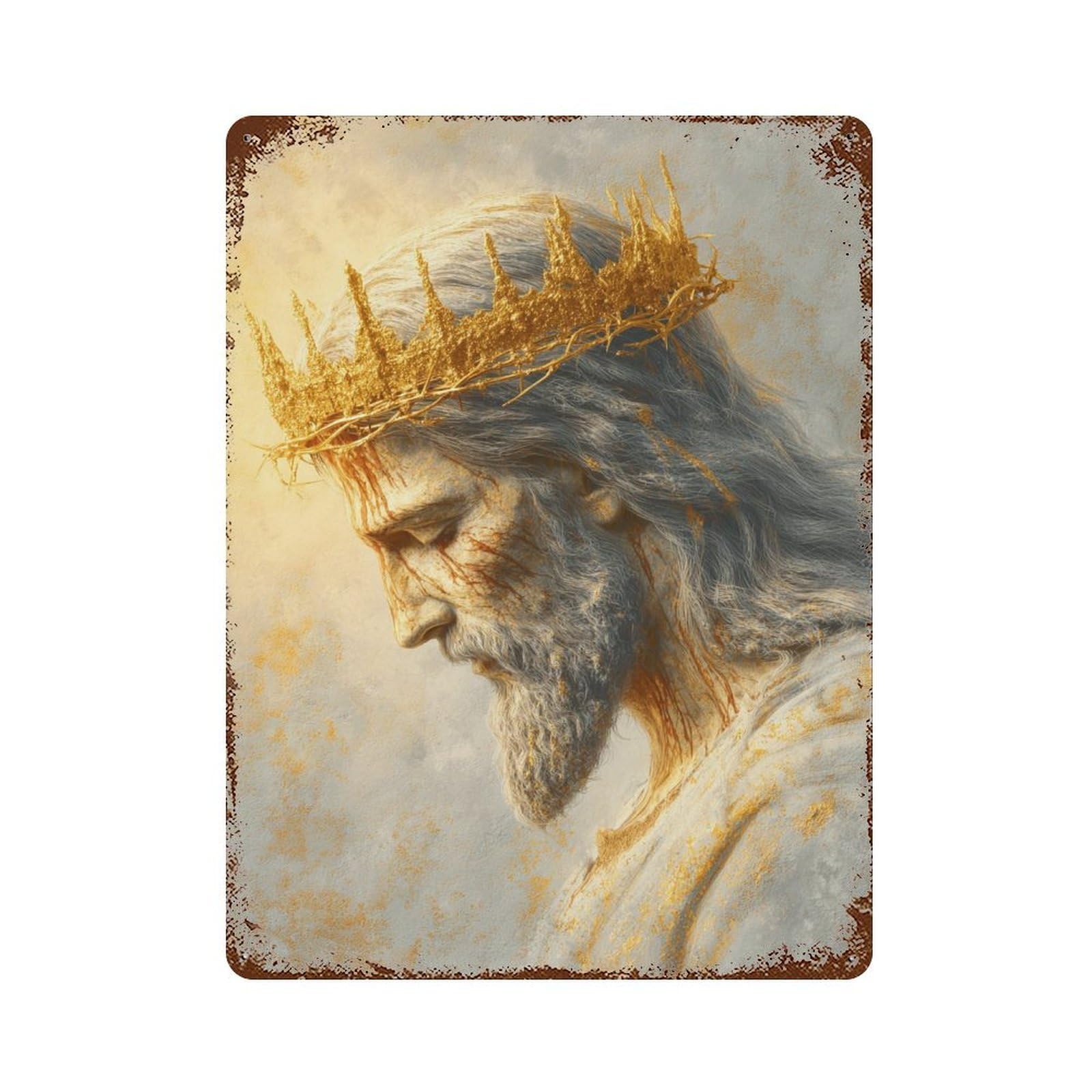 Golden Crown Portrait Art Rust Effect Tin Sign 15.7"x11.8", Decorative Metal Wall Art for Living Room, Hallway And Home Decor