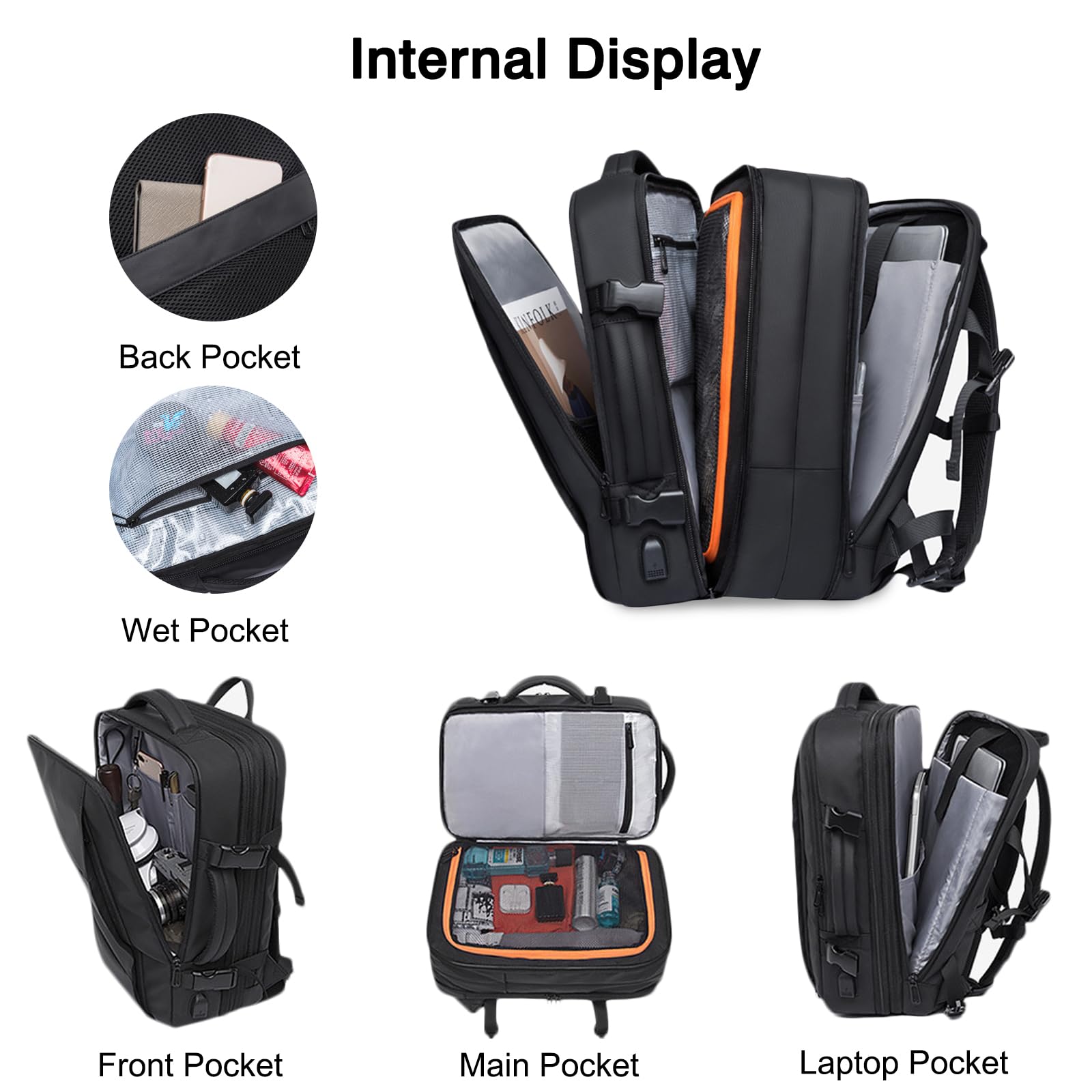 FANDARE Mochila Hombre Mochila Portatil 17 Pulgadas Mochila Impermeable Mochila de Senderismo Mochila con Puerto de Carga USB Bolsos Bandolera para Negocio Trabajo Viaje Escolares Mochila Negro