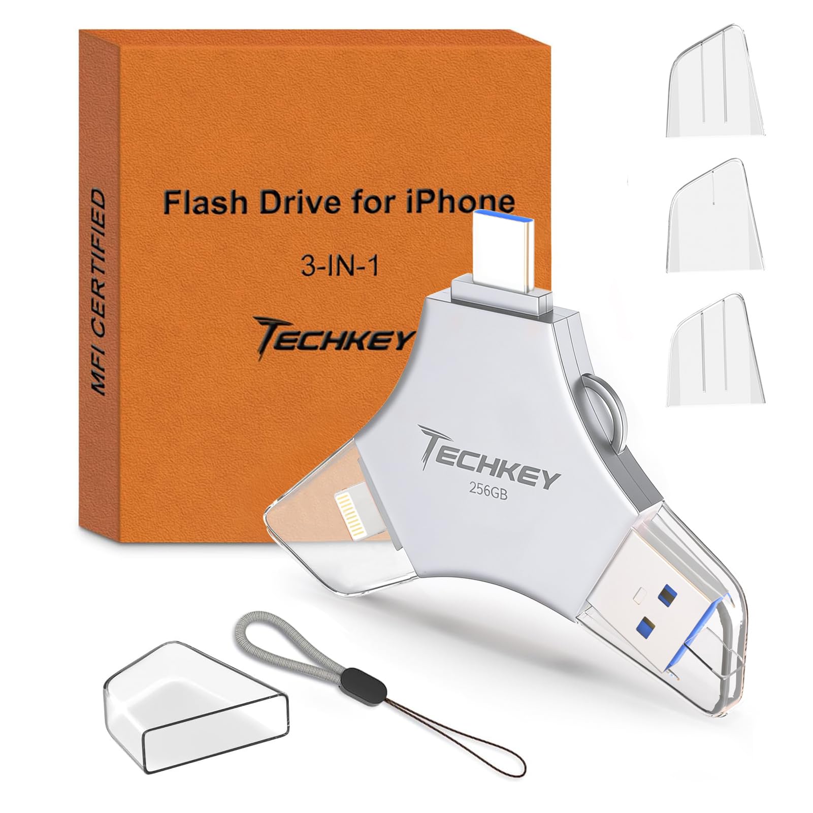 Chiavetta USB per iPhone/iPad, certificata MFi 3 in 1, 256 GB, argento | Memoria esterna per foto, tipo c/USB 3.0 ad alta velocità, compatibile con Android/PC, backup di immagini/video/dati